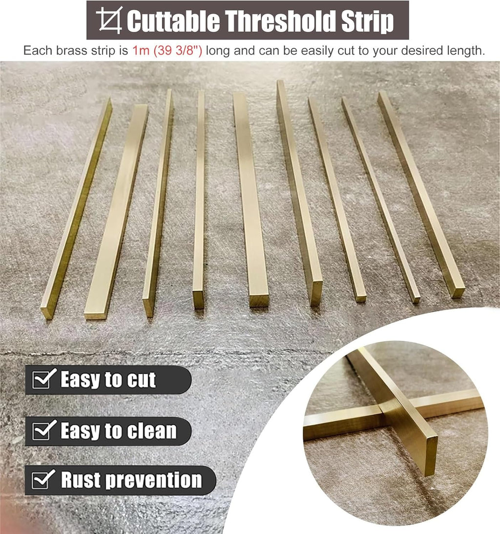 ZIMGOD Floor Transition Strip Brushed Brass Bar, Square/Rectangular Threshold Gap Strip, Tile to Wood Floor Seam Cover, Doorway Bedroom Bathroom Edge Trim(10x20mm (3/8' x6/8'))