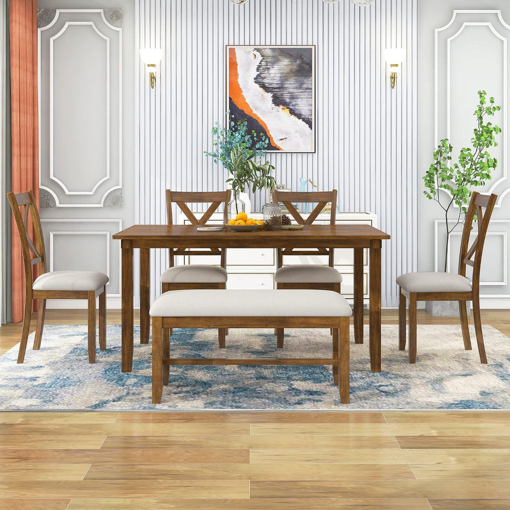 Merax Solid Wood Dining Table Set with Bench for 6, 6 Piece Rectangular Kitchen Table Set with 4 Upholstered Chairs and Bench for Room Dining Room - Natural Cherry+Beige