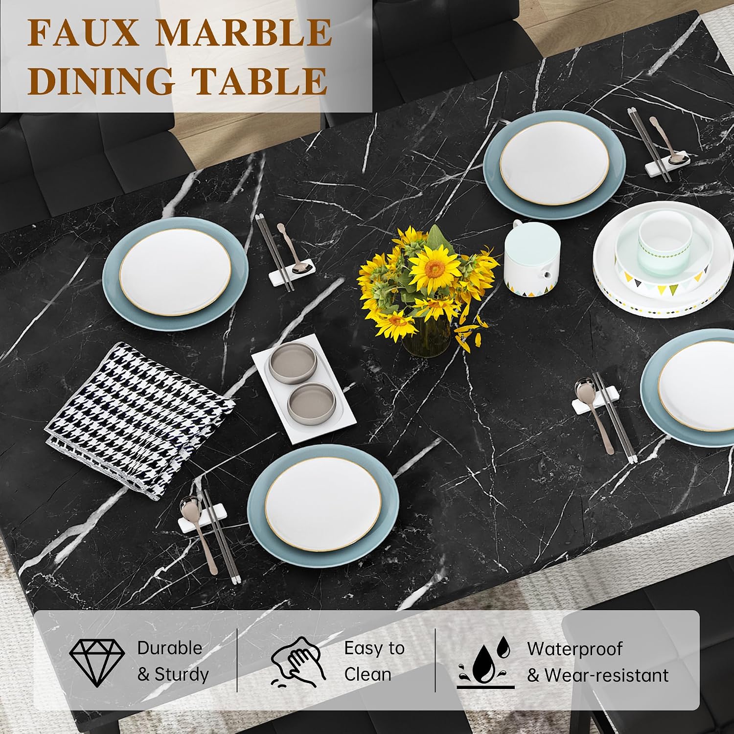 AWQM Dining Table Set for 4,Faux Marble Kitchen Table and Chairs Set of 4, Modern Dining Room Table Set for 4,Dinner Table with 4 Leather Chairs, Dinette Set for Small Spaces (Black&Black)