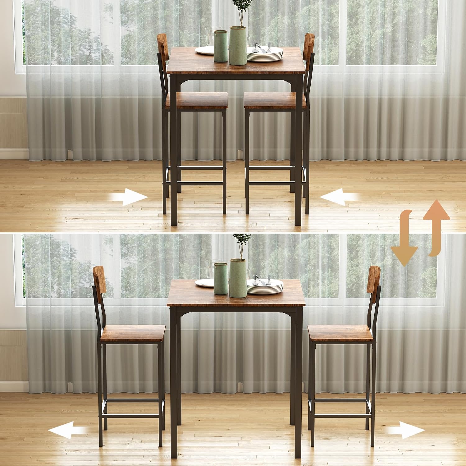 HOMCOM 3 Piece Industrial Counter Height Dining Table Set, Bar Table & Chairs with Steel Legs & Footrests, Black