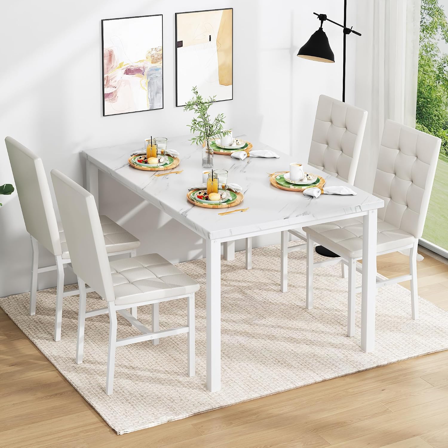 AWQM Dining Table Set for 4,Faux Marble Kitchen Table and Chairs Set of 4, Modern Dining Room Table Set for 4,Dinner Table with 4 Leather Chairs, Dinette Set for Small Spaces,White