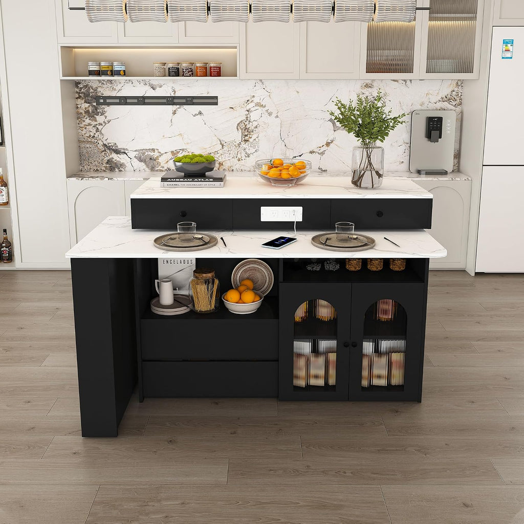 KEIKI Kitchen Island with Extendable & Rotating Table, Expandable Dining Station for 2-4, Kitchen Storage Islands with 4 Drawers & Glass Door Cabinets & Built-in Socket for Dining Room, Black