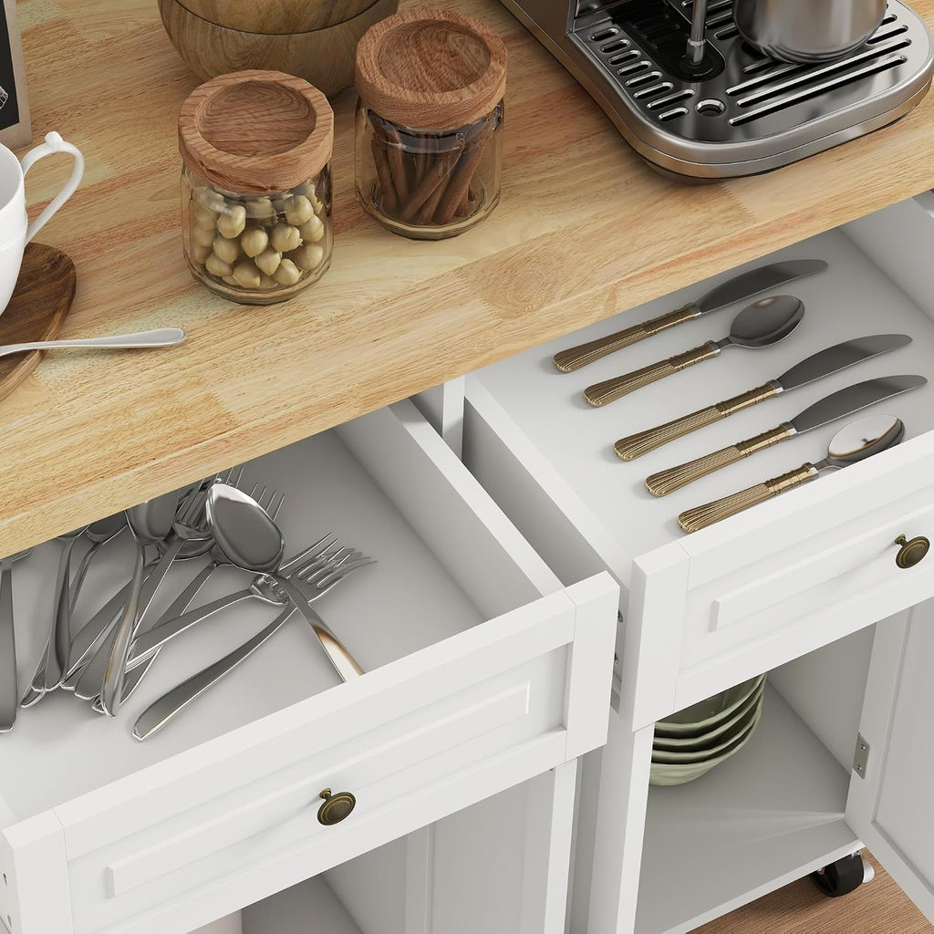 HOMCOM Kitchen Island Cart with Solid Wood Top, 44' Mobile Kitchen Island Table on Wheels with Storage Cabinets, 2 Drawers, Adjustable Shelves, Spice Rack & Towel Bar for Dining Room, Cream White