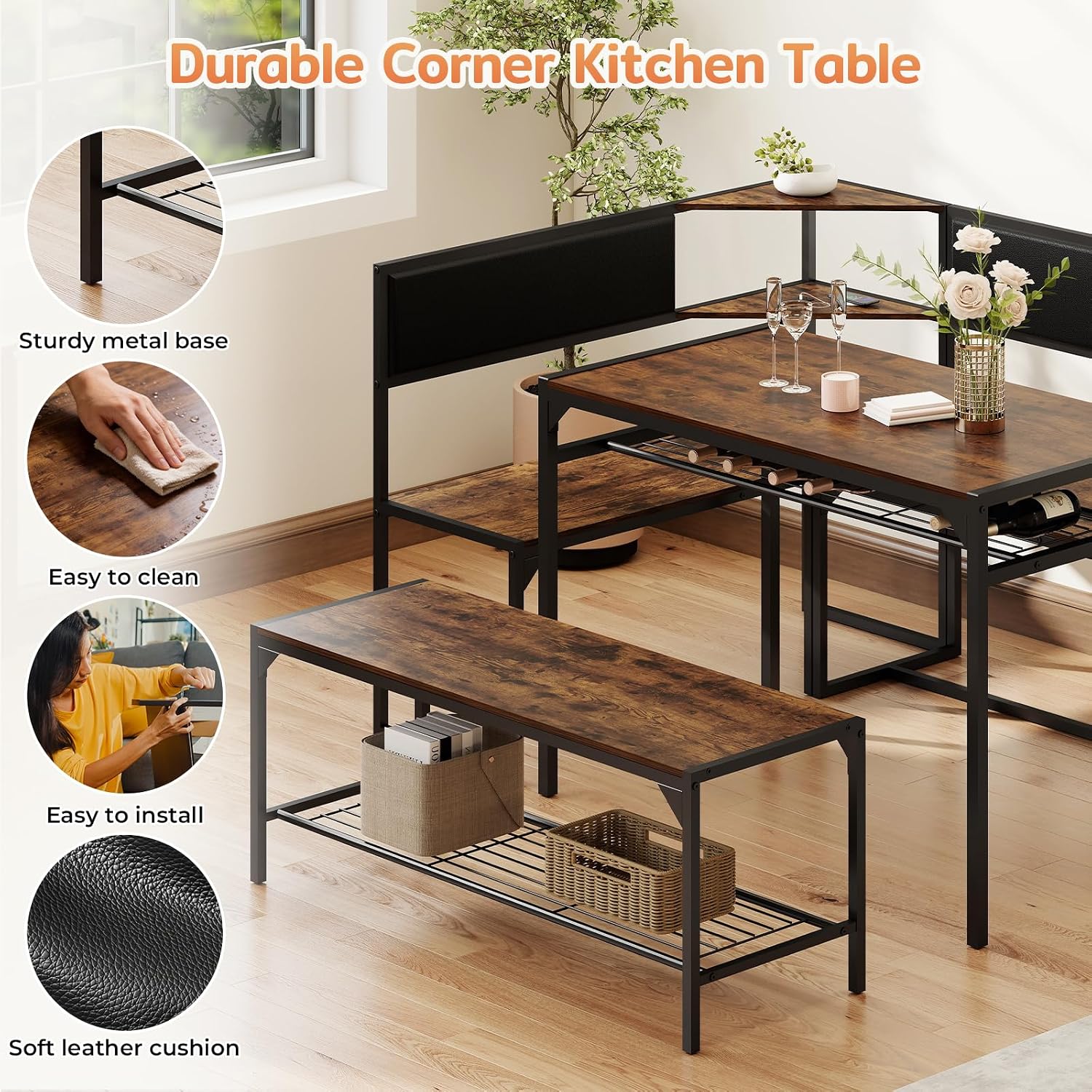 Zevemomo Kitchen Breakfast Nook Table Set for 4-6, Corner Dining Table Set with Charging Port, L-Shaped Corner Kitchen Table with Storage & Bench, Farmhouse Dining Table Set for Small Space, Brown