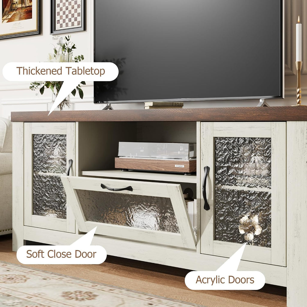 IDEALHOUSE TV Stand for 65 Inch TV, Farmhouse Entertainment Center with Acrylic Door Storage Cabinet & Adjustable Shelves, TV Console Table for Living Room Bedroom, White & Brown