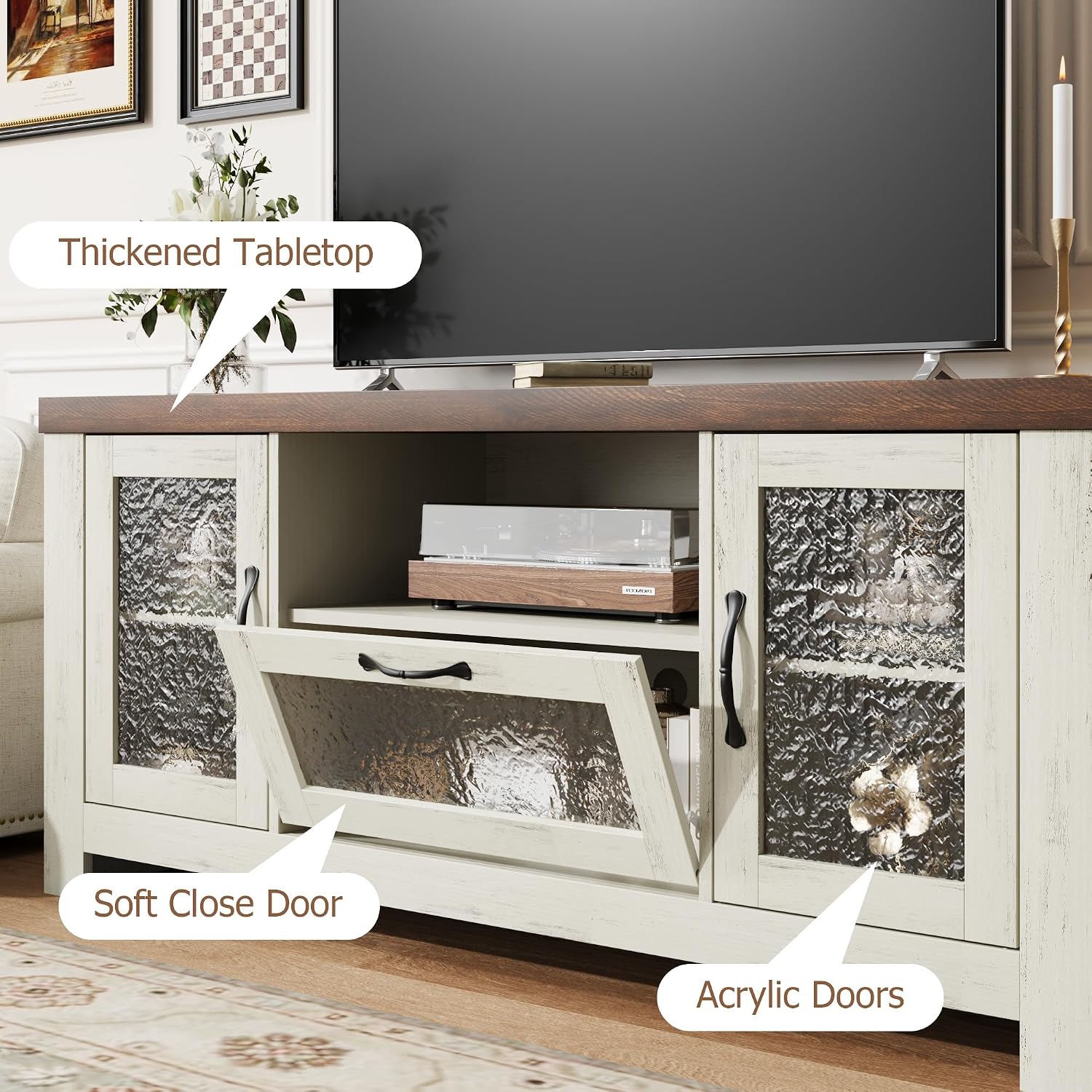 IDEALHOUSE TV Stand for 65 Inch TV, Farmhouse Entertainment Center with Acrylic Door Storage Cabinet & Adjustable Shelves, TV Console Table for Living Room Bedroom, White & Brown