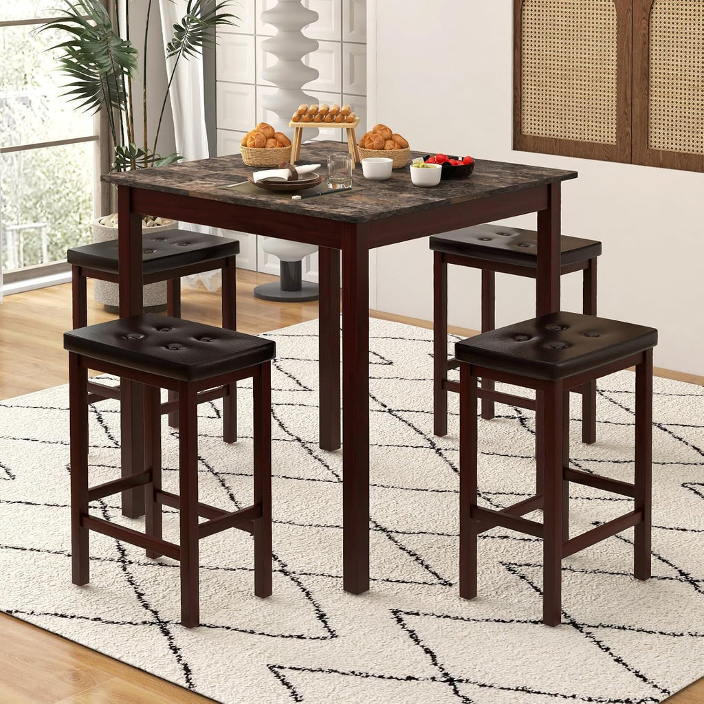 Giantex Dining Table Set for 4, Kitchen Table Chairs Set of 4, Counter Height Dining Table Set with 4 Bar Stools, Space-Saving Dinette Table Set for Small Place, Breakfast Nook Table Set (Brown)