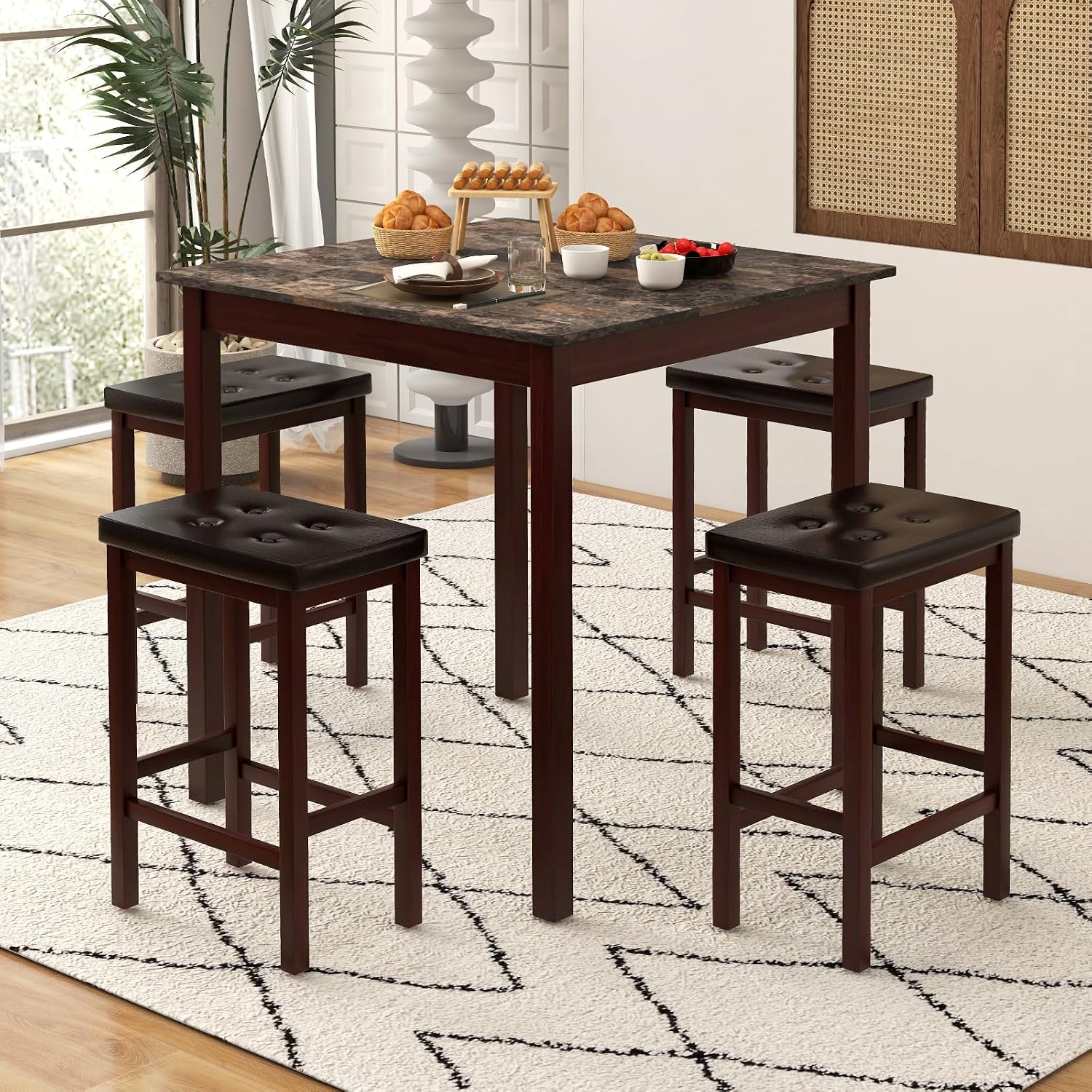 Giantex Dining Table Set for 4, Kitchen Table Chairs Set of 4, Counter Height Dining Table Set with 4 Bar Stools, Space-Saving Dinette Table Set for Small Place, Breakfast Nook Table Set (Brown)