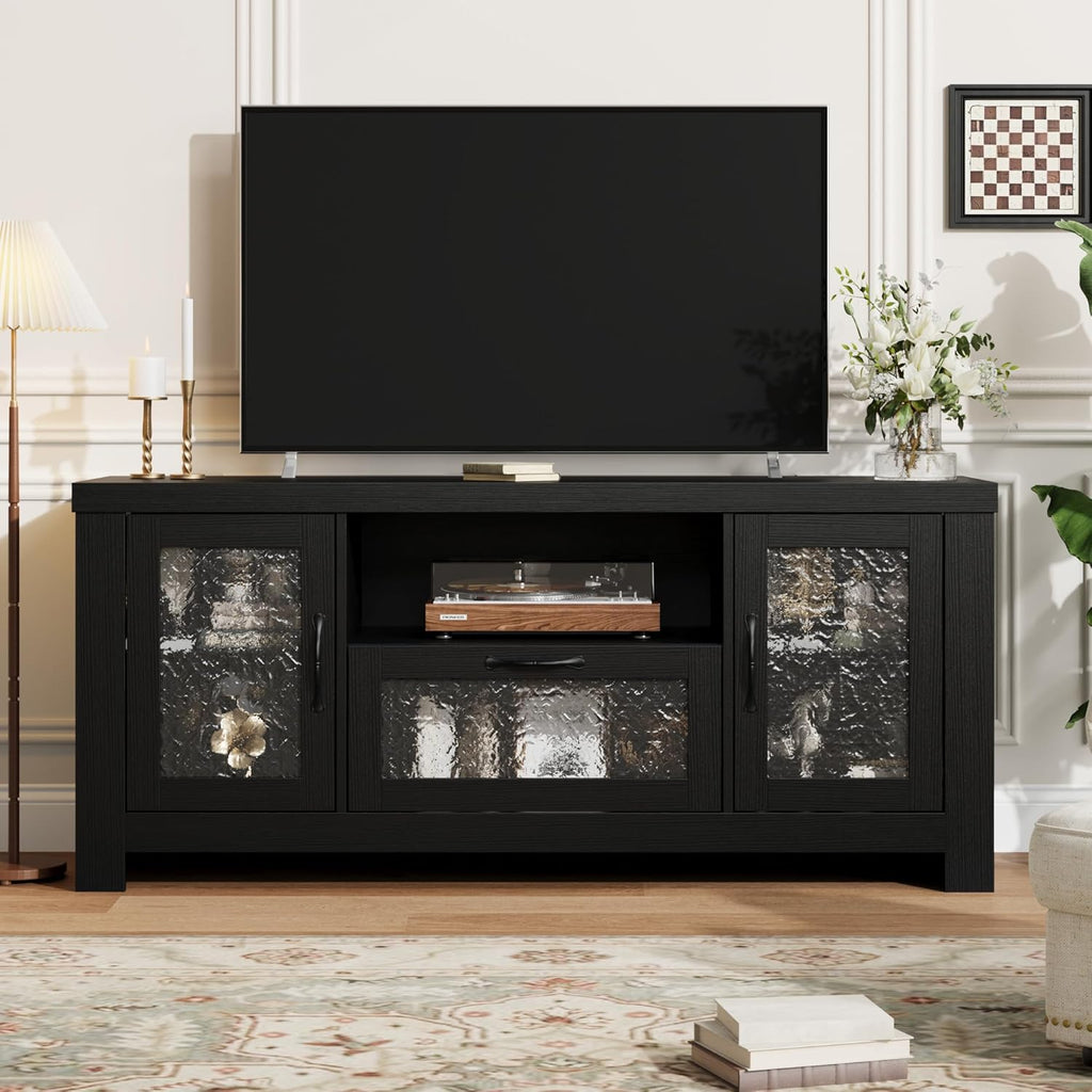 IDEALHOUSE TV Stand for 65 Inch TV, Farmhouse Entertainment Center with Acrylic Door Storage Cabinet & Adjustable Shelves, TV Console Table for Living Room Bedroom, Black