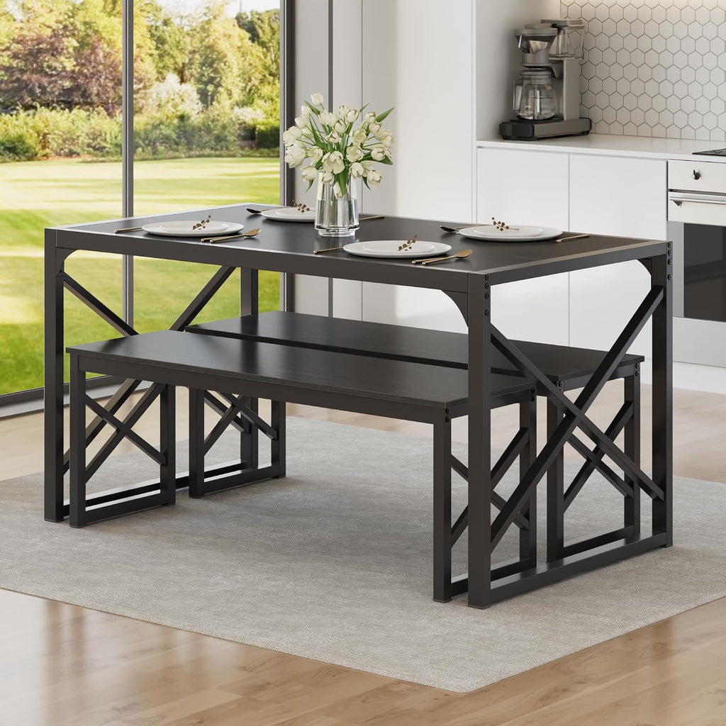 VECELO 55' Kitchen Dining Table Set for 4, Heavy-Duty Steel Frame & Wood-Grain Tabletop, Spaving Saving Dinette Sets with 2 Benches for Breakfast Nook and Small Space, Black