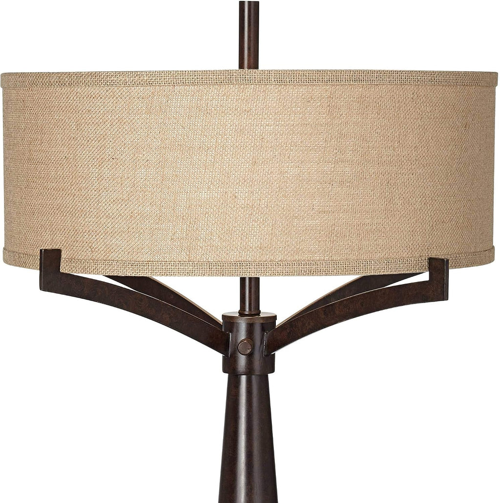 Franklin Iron Works Tremont Mid Century Modern Industrial Table Lamps 31.5' Tall Set of 2 Rich Bronze Iron Burlap Fabric Drum Shade for Living Room Bedroom House Bedside Nightstand Home Office