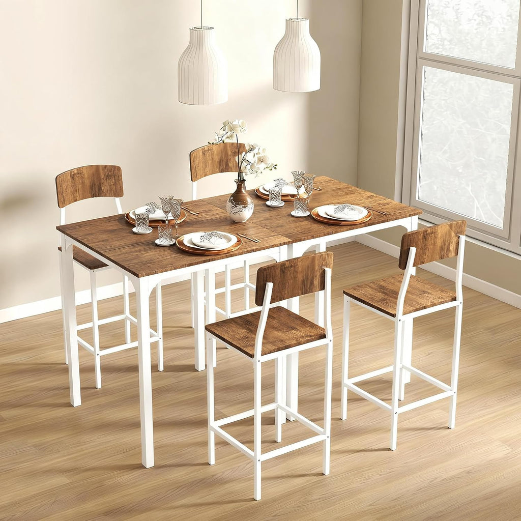HOMCOM 3-Piece Counter Height Bar Table with Space-Saving Design, Square Kitchen Table and Chairs Set with Footrest, Metal Legs, Industrial Dining Table Set for 2, Walnut and White