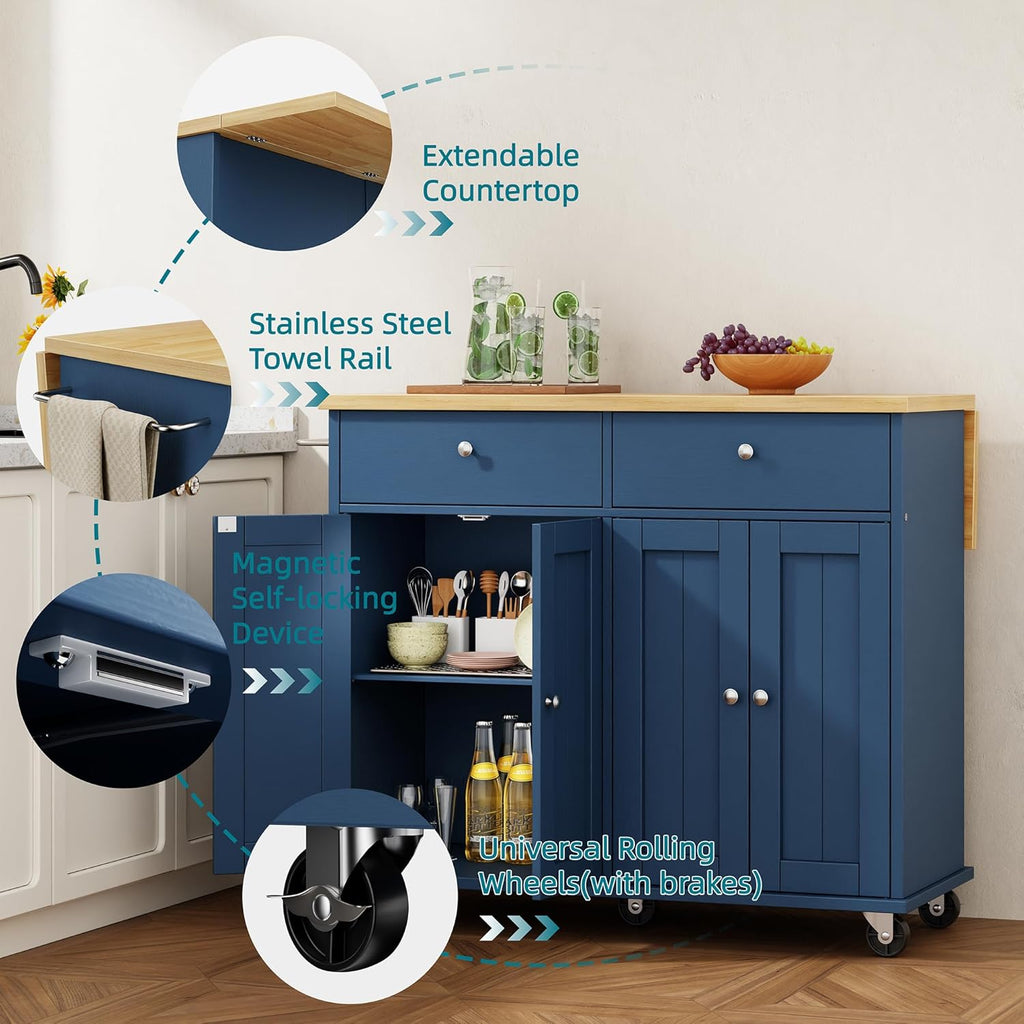 Shintenchi Kitchen Island with Drop Leaf, Rolling Kitchen Cart with Storage on Wheels, Table Bar Cart for Kitchen with Towel Rack & Seating Area for Dining Room, Blue