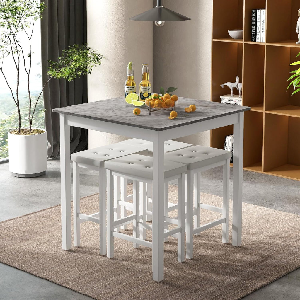 Giantex Dining Table Set for 4, Counter Height Dining Set with 4 Bar Stools, Space-Saving Kitchen Table Chairs Set for Small Place, Dinette, Breakfast Nook (White)