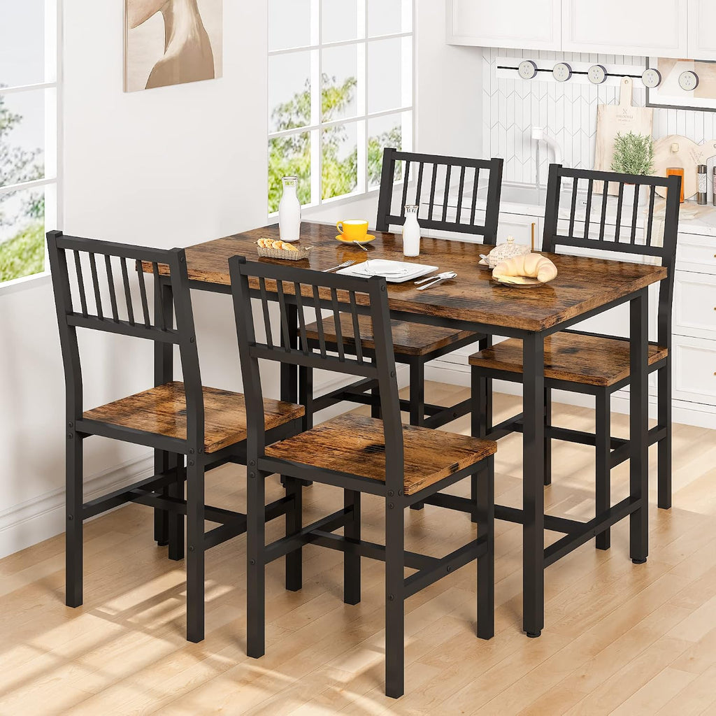 AWQM 43.3 Inch Dining Table Set for 4,Industrial Table with 4 Curved Chairs Set,5-Piece Rectangular Kitchen Table Set for Dining Room,Breakfast Nook,Small Space
