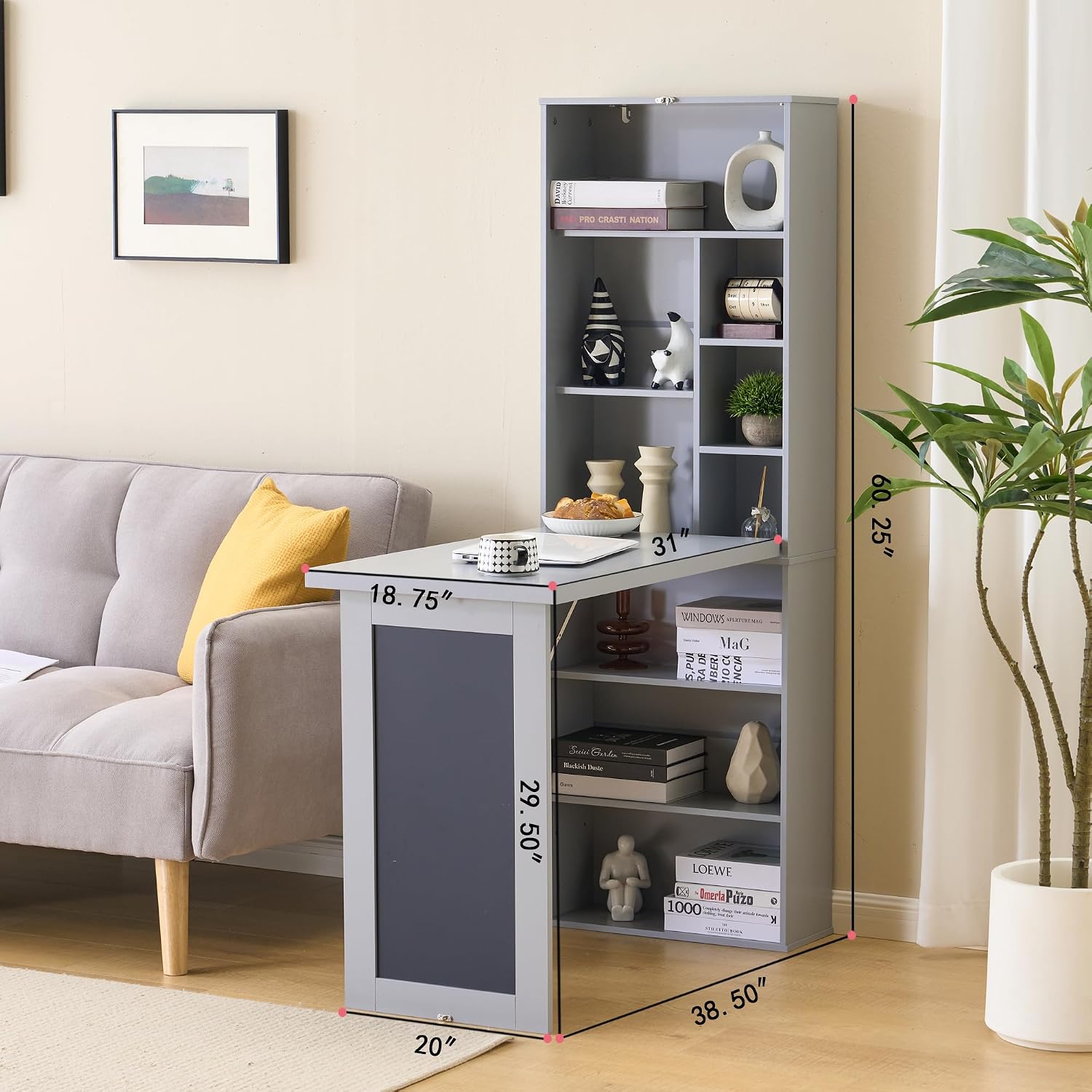 Folding Desk with Storage,Foldable Convertible Writing table with Blackboard and Shelves,Wall Mount Fold Out Table Cabinet , Space-Saving Murphy Desk for Multi-Function Home Office Workstation (Grey)