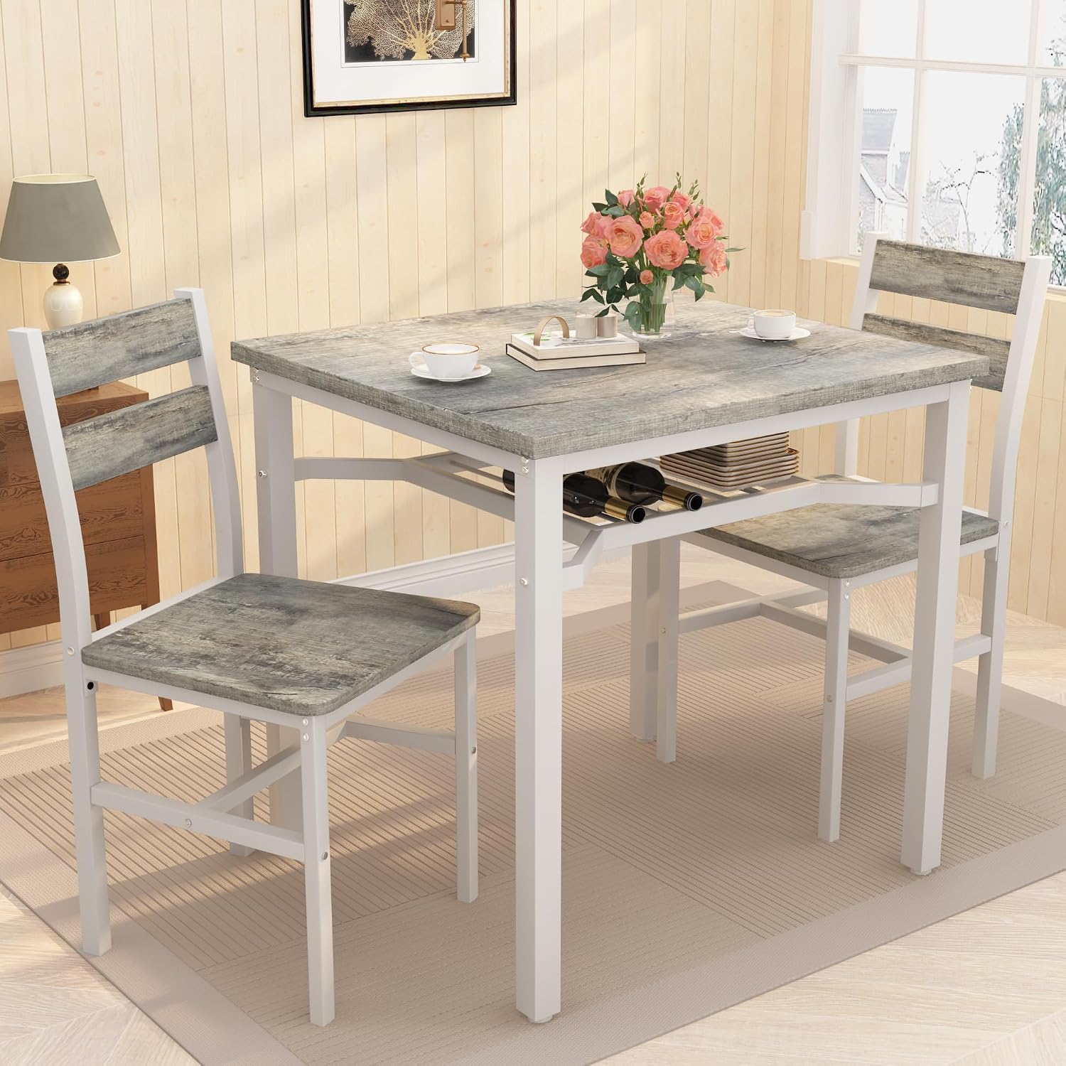 Hooseng 3 Piece Dining Table Set for 2, Small Wooden Kitchen Table with Storage, Farmhouse Square Dinette Set for Dining Room, Breakfast Nook, Apartment, Small Space