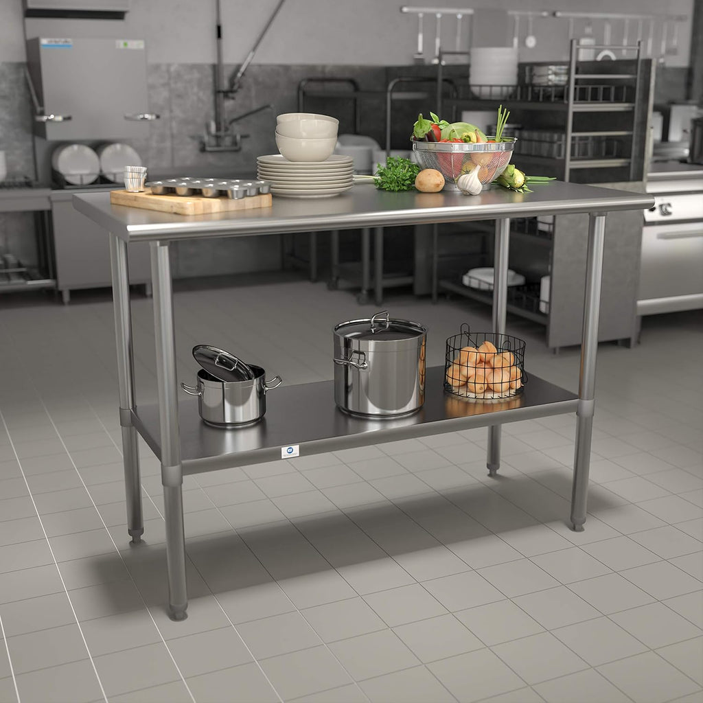 Flash Furniture Rawcliffe NSF Certified Stainless Steel Kitchen Prep and Work Table, Commercial Work Table with Storage, 48'W x 24'D x 34.5'H, Silver