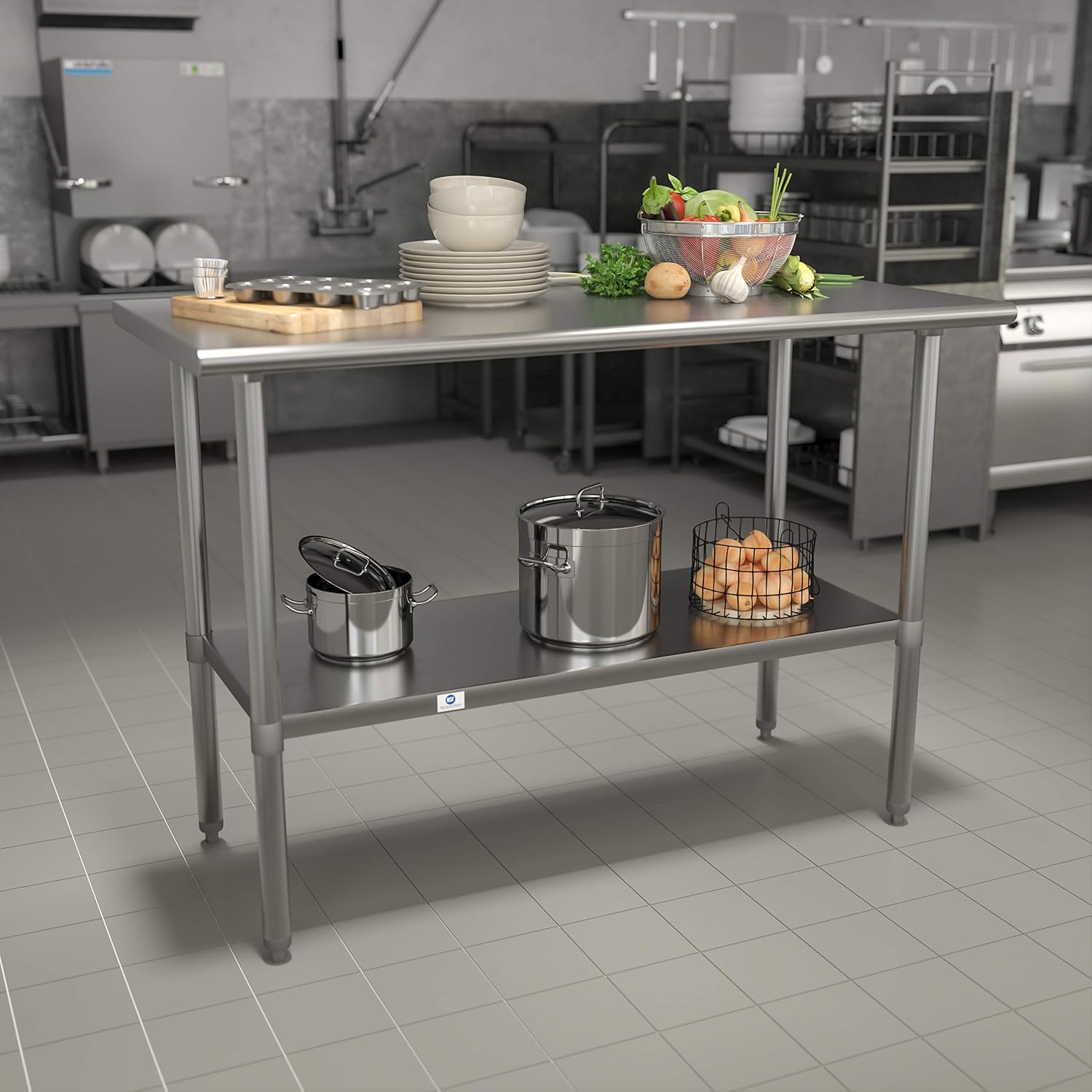 Flash Furniture Rawcliffe NSF Certified Stainless Steel Kitchen Prep and Work Table, Commercial Work Table with Storage, 48'W x 24'D x 34.5'H, Silver