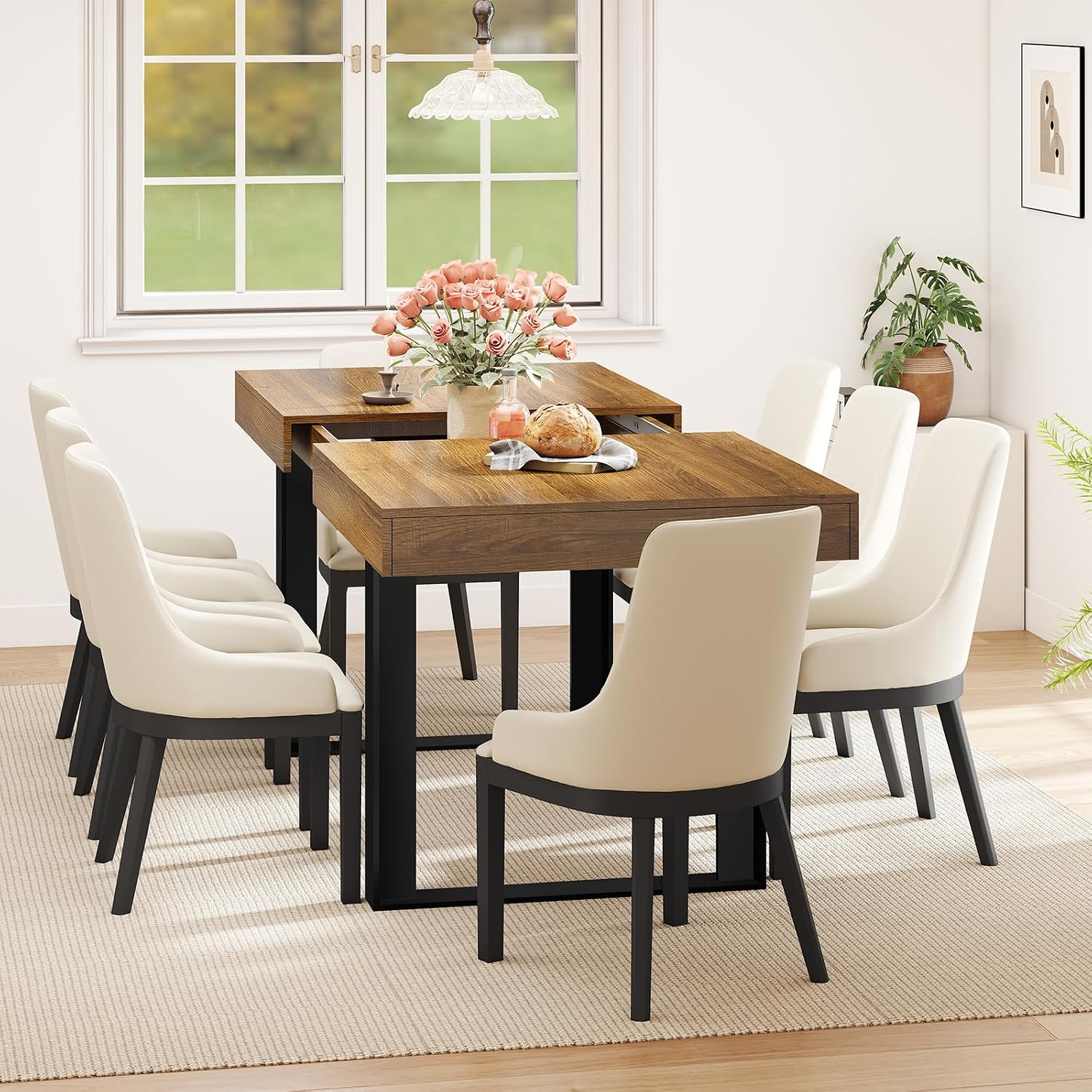 Zevemomo 63'-78.7' Expandable Dining Table, 6-8 Extendable Dining Table, Rectangle Conference Table, Farmhouse Kitchen Table with Slide Track, Tapered U-Shaped Wood Legs for Office, Living Room-Brown