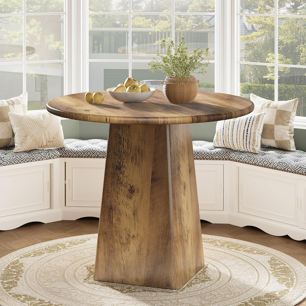Tribesigns 31.5-Inch Round Dining Room Table for 2-4, Farmhouse Small Kitchen Dinner Table with Square Base for Dining Room Living Room, Rustic Brown