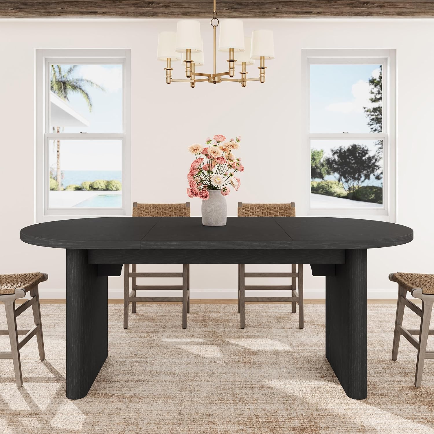 GarveeHome Oval Dining Table for 6-8 People, Long Large Kitchen Table with Thick Sturdy Wooden Base, Farmhouse Dining Room Table for for Kitchen, Living Room, Office (70.87' Long,Black)