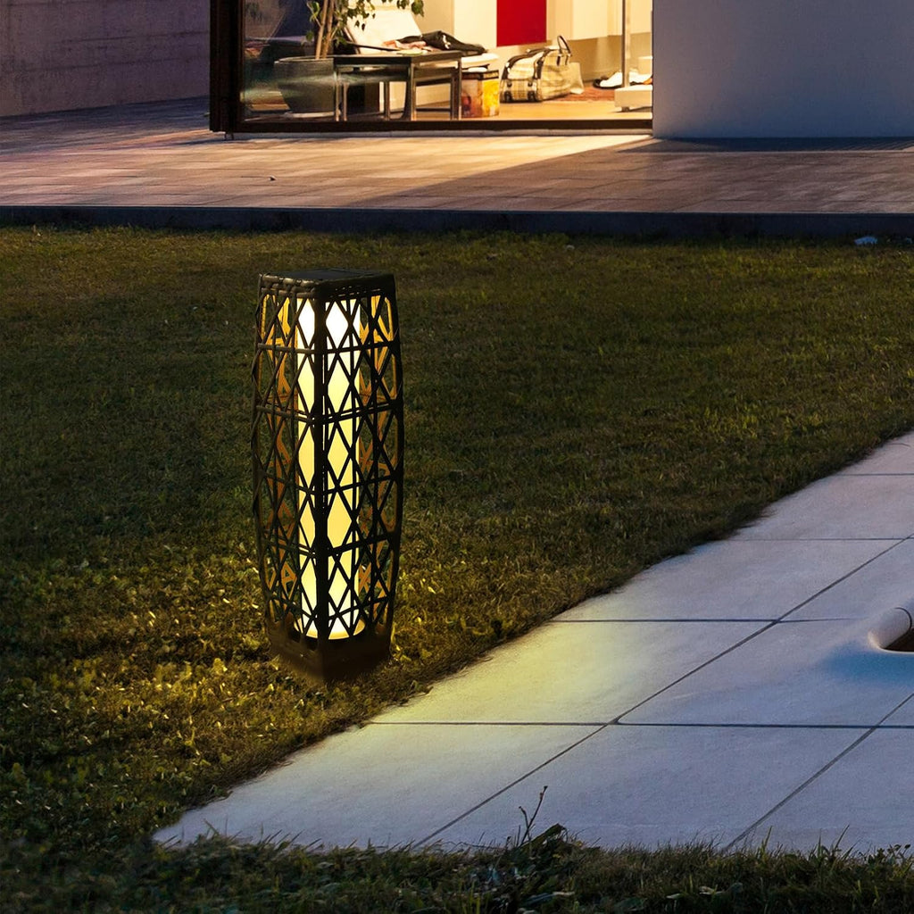 Solar Powered Outdoor Floor, 2 Piece Outdoor Floor Lamps, Solar Lanterns Waterproof, Resin Wicker Weather-Resistant Rattan Deck Light for Patio, Lawn, Porch, Garden