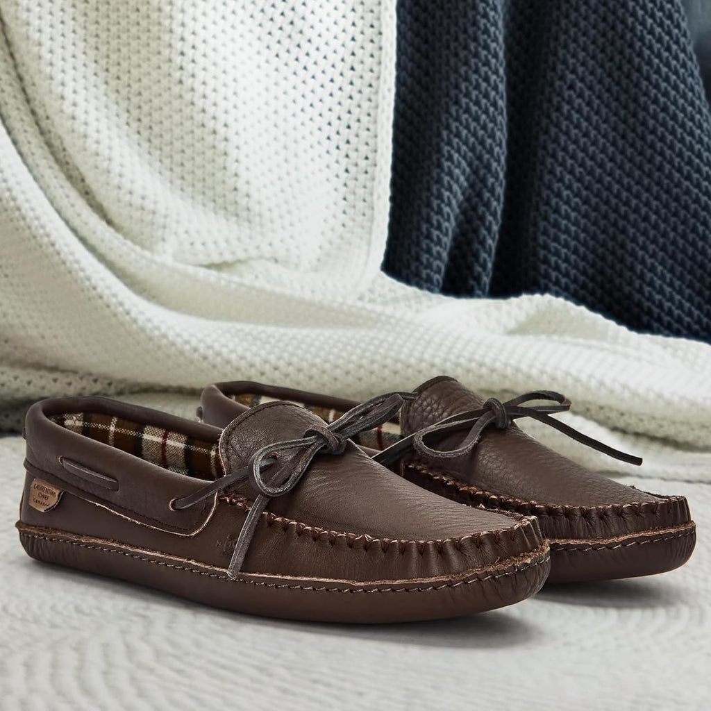 Laurentian Chief Leather Moccasins for Men – Stylish Mens Moccasin Slippers with Plaid Insole Lining, Comfortable Indoor Shoes, Single Lacing, Durable Leather Sole, Made in Canada