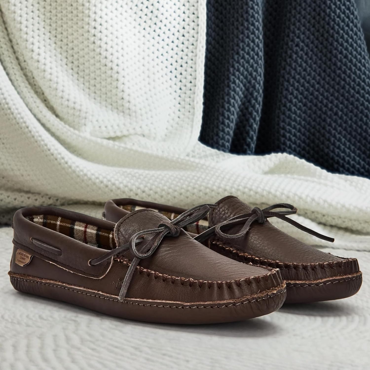 Laurentian Chief Leather Moccasins for Men – Stylish Mens Moccasin Slippers with Plaid Insole Lining, Comfortable Indoor Shoes, Single Lacing, Durable Leather Sole, Made in Canada