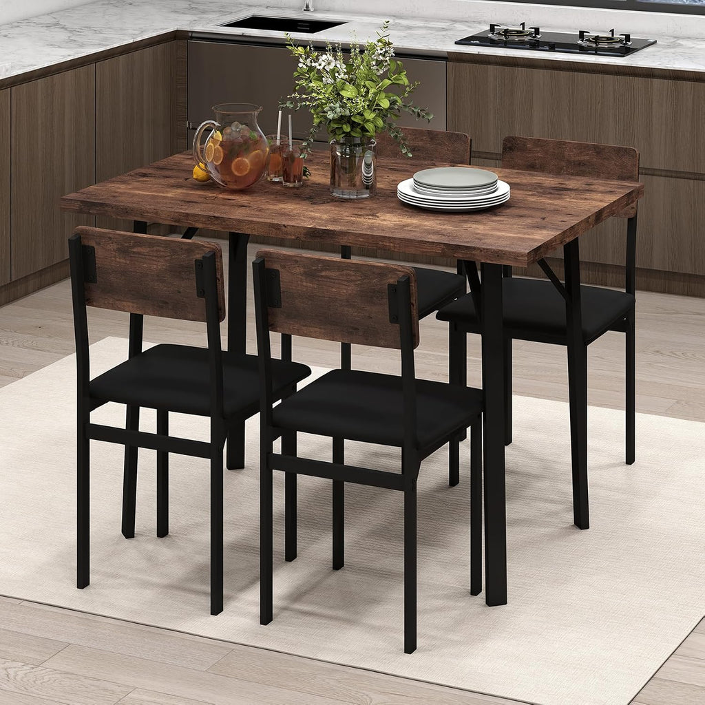 Giantex 5-Piece Dining Table Set for 4, Industrial Kitchen Table and 4 PU Leather Upholstered Chairs with Metal Leg, Padded Seat, Space-Saving Dinette Set for Small Space Apartment Breakfast Nook