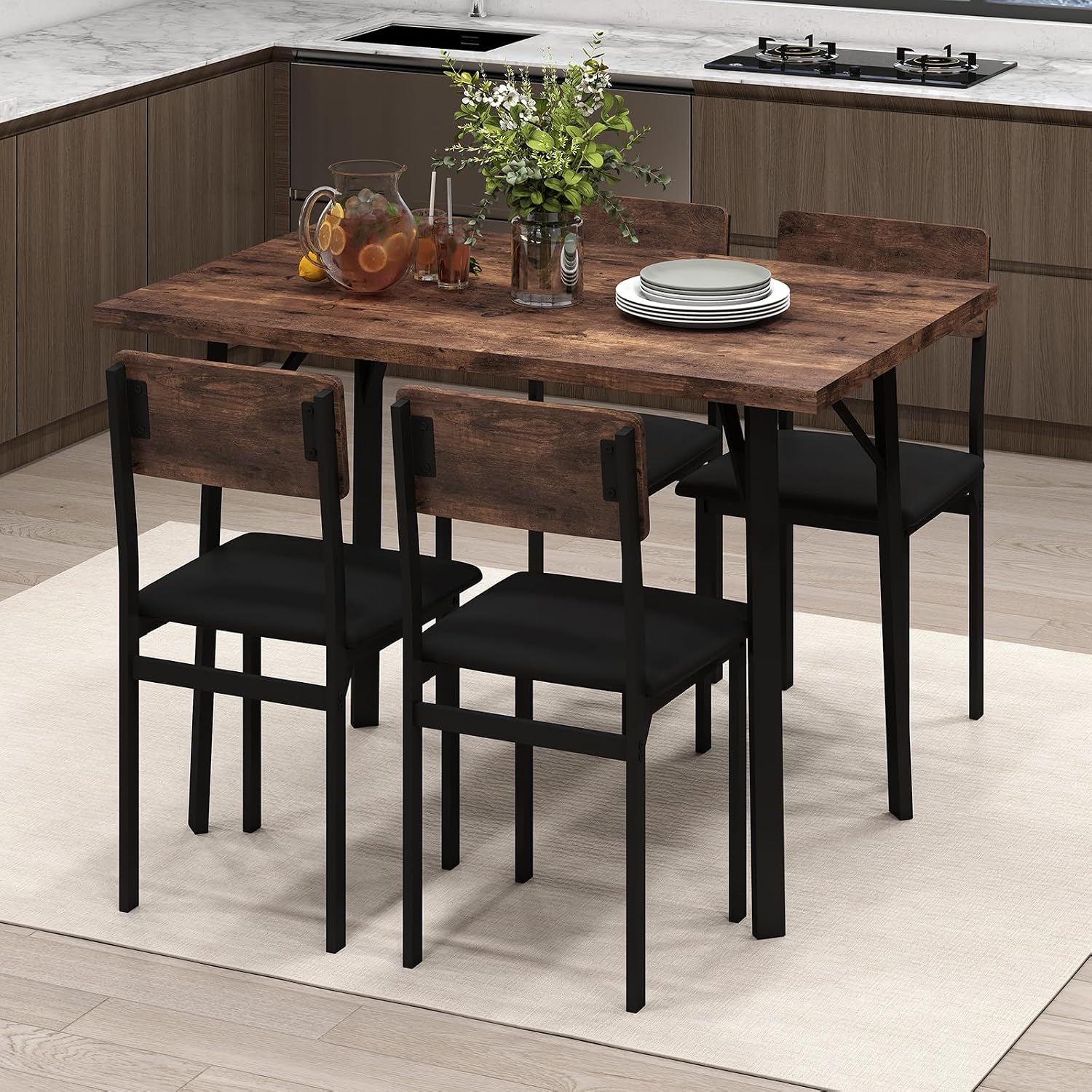 Giantex 5-Piece Dining Table Set for 4, Industrial Kitchen Table and 4 PU Leather Upholstered Chairs with Metal Leg, Padded Seat, Space-Saving Dinette Set for Small Space Apartment Breakfast Nook