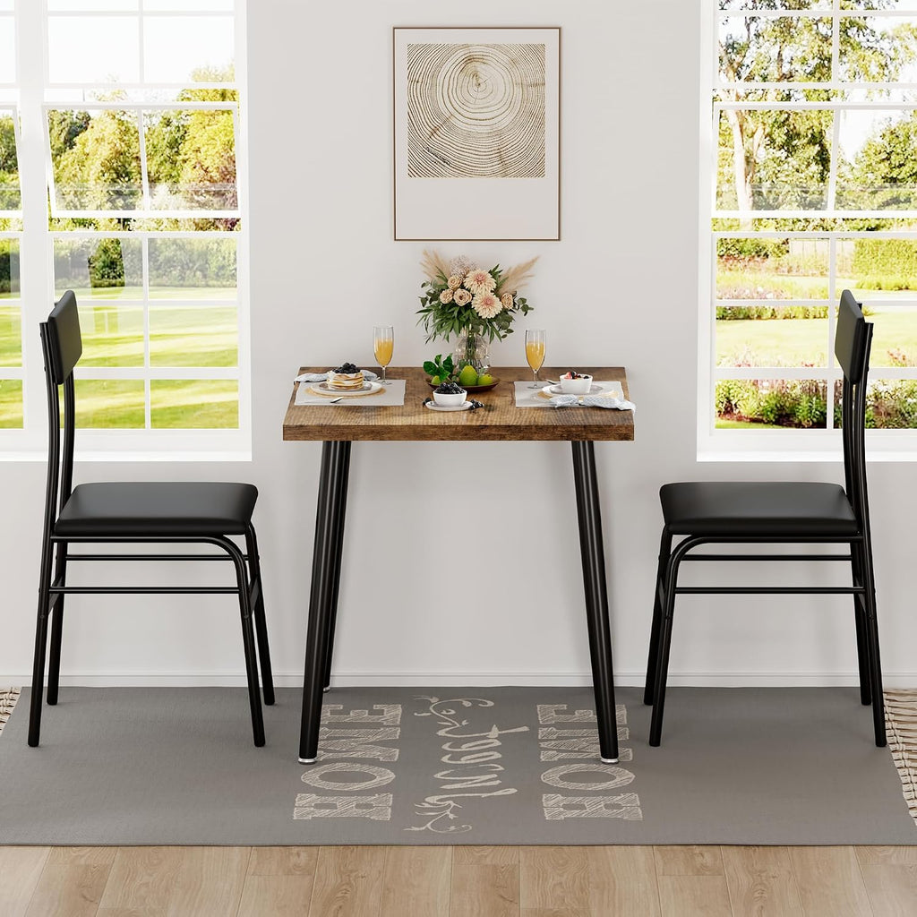 IDEALHOUSE Small Dining Table Set for 2, 3 Piece Kitchen Table Set with 2 Upholstered Chairs, Breakfast Table for Samll Space, Dining Room, Apartment, Restaurant, Rustic Brown