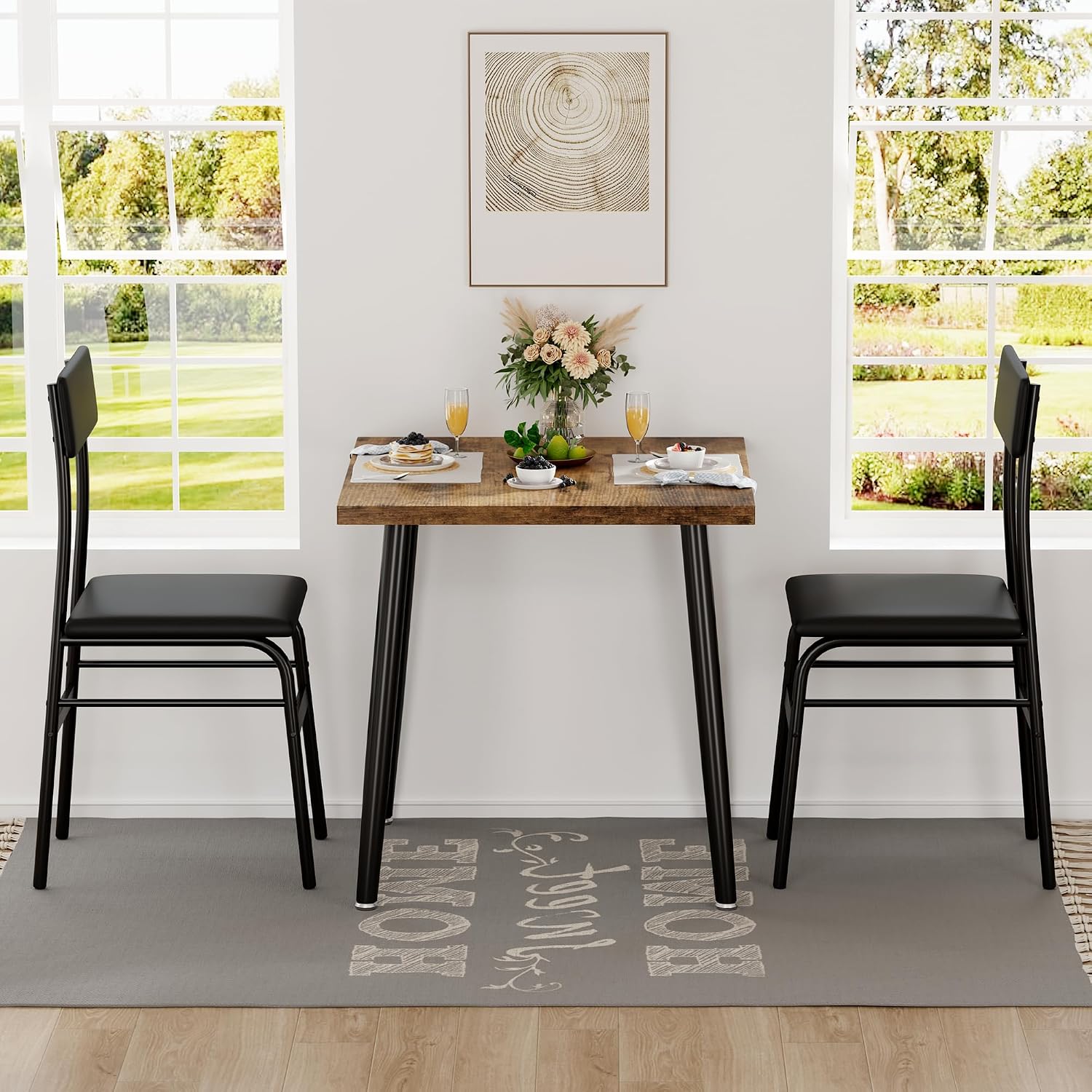 IDEALHOUSE Small Dining Table Set for 2, 3 Piece Kitchen Table Set with 2 Upholstered Chairs, Breakfast Table for Samll Space, Dining Room, Apartment, Restaurant, Rustic Brown