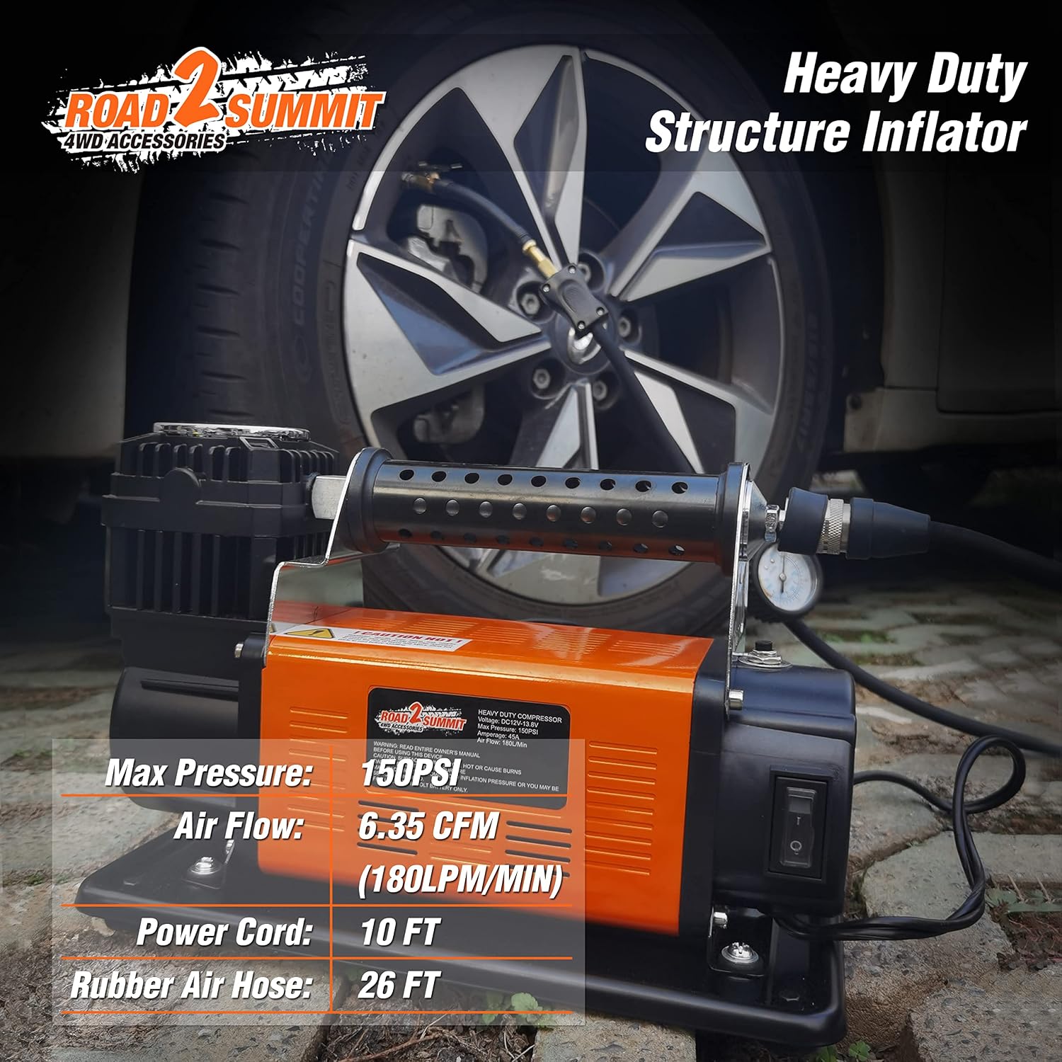 Heavy Duty Portable 12V Air Compressor Kit Inflate 6.35CFM (180L/ Min), Max 150PSI, Off-Road Air Compressor Kit for 4x4 Vehicle RV, Air Pump for ATVS Tire, for Car and SUV Tire