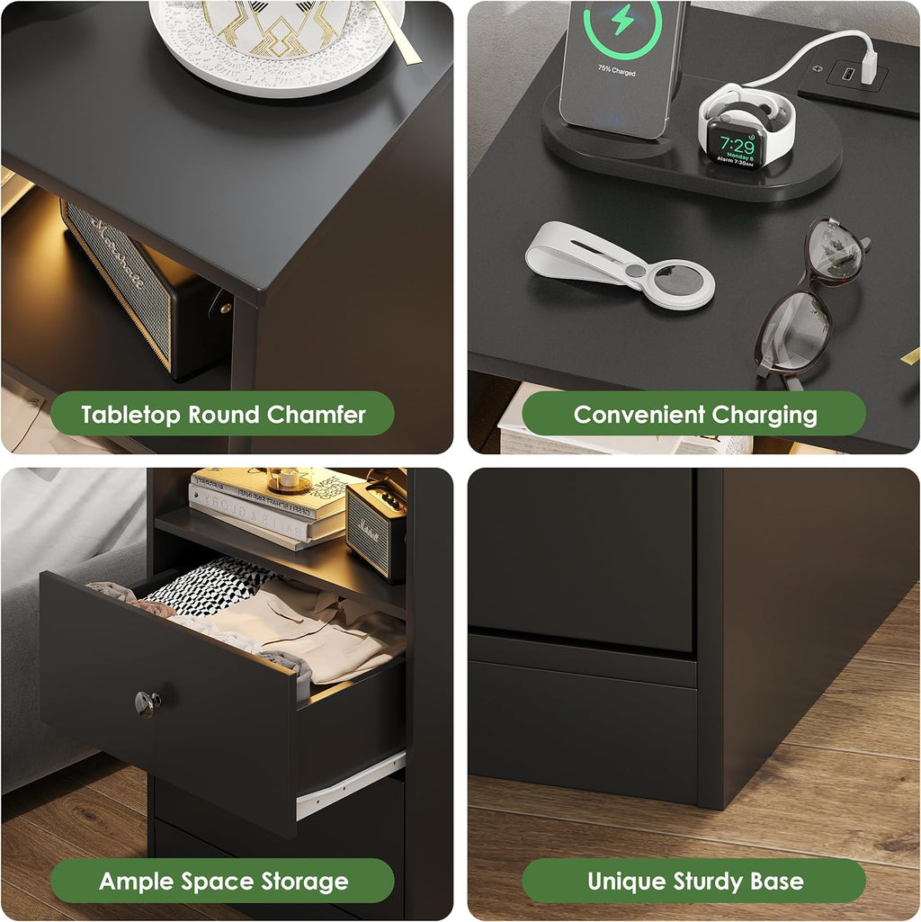 Nightstand Set of 2 Bedside Table with Charging Station & LED Lights Wood Side Table with 2 Drawers Black End Table for Bedroom Living Room