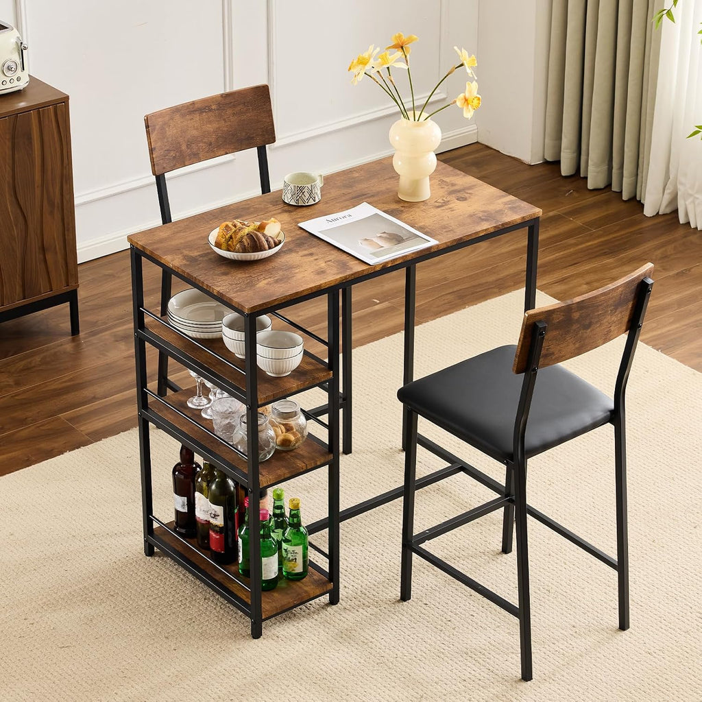 VINGLI Dining Table Set for 2, Kitchen Breakfast Counter Height Small 3 Piece Bar Table and Chairs Set with Storage, Brown