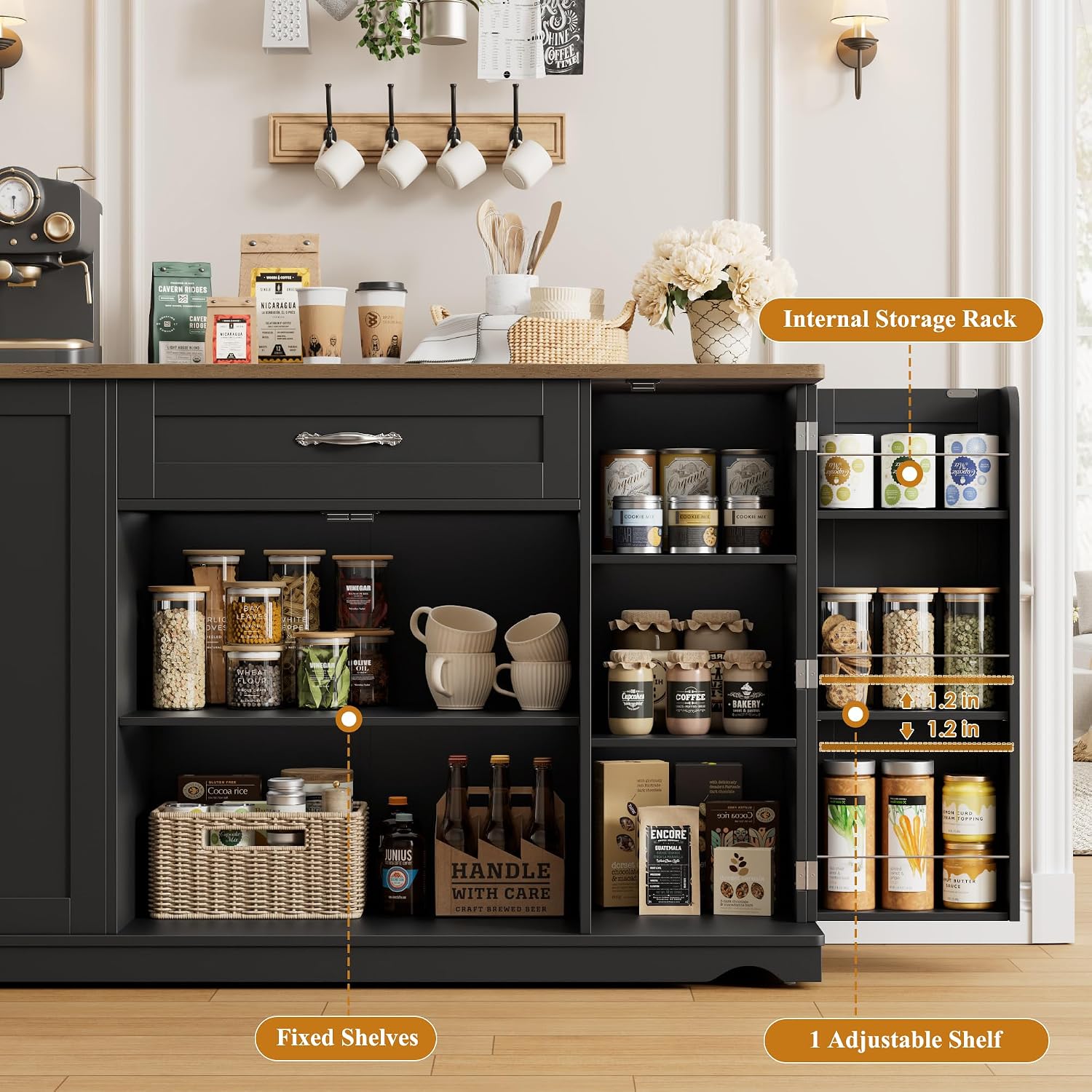 HOSTACK Kitchen Island Cart with Storage, 47'' Kitchen Storage Island on Wheels with 2 Drawers, Rolling Island Table with Adjustable Shelves, Mobile Buffet Sideboard Cabinet for Dining Room, Black