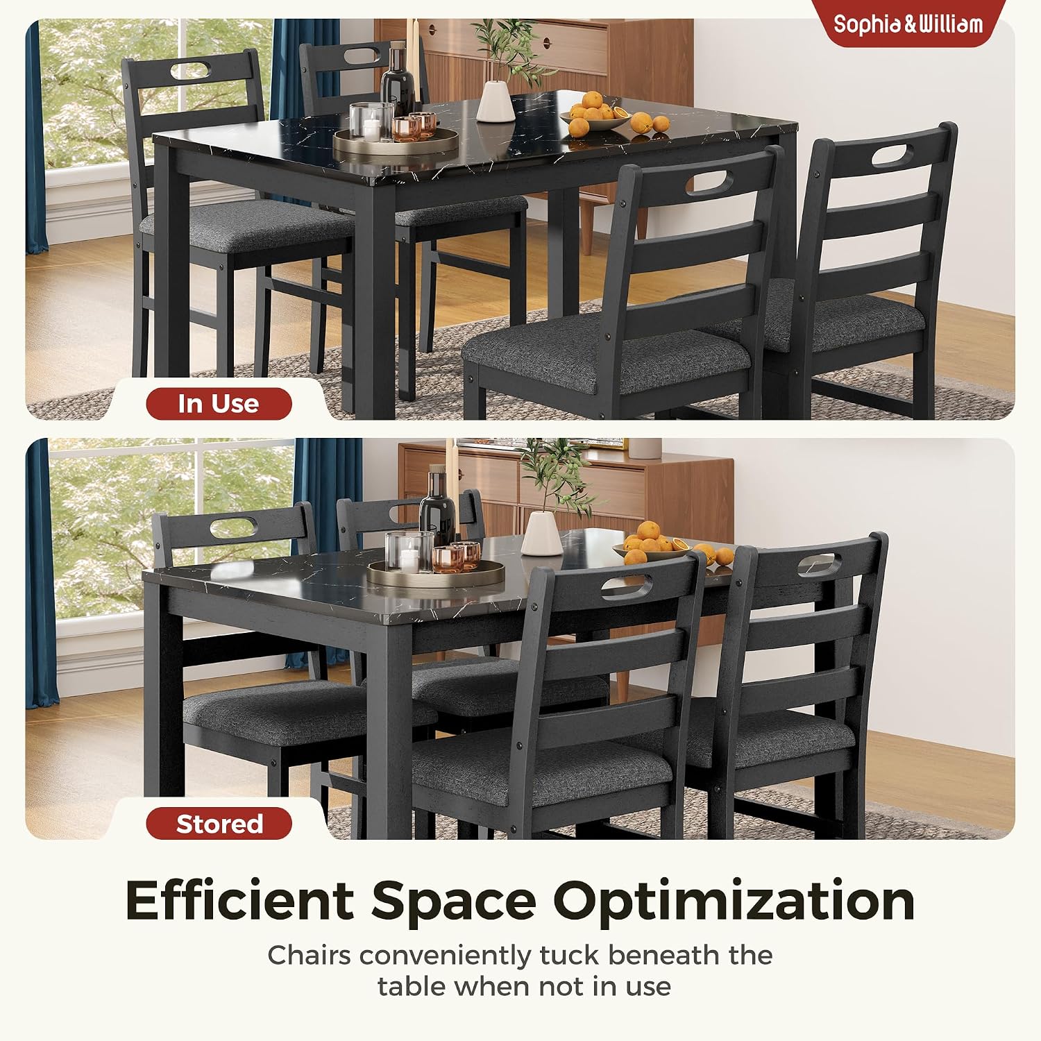 Sophia & William 5 Piece Dining Table Set for 4, Faux Marble Kitchen Table and Chairs Set, Solid Wood Farmhouse Dinner Table Set,Veined Black Marble & Gray