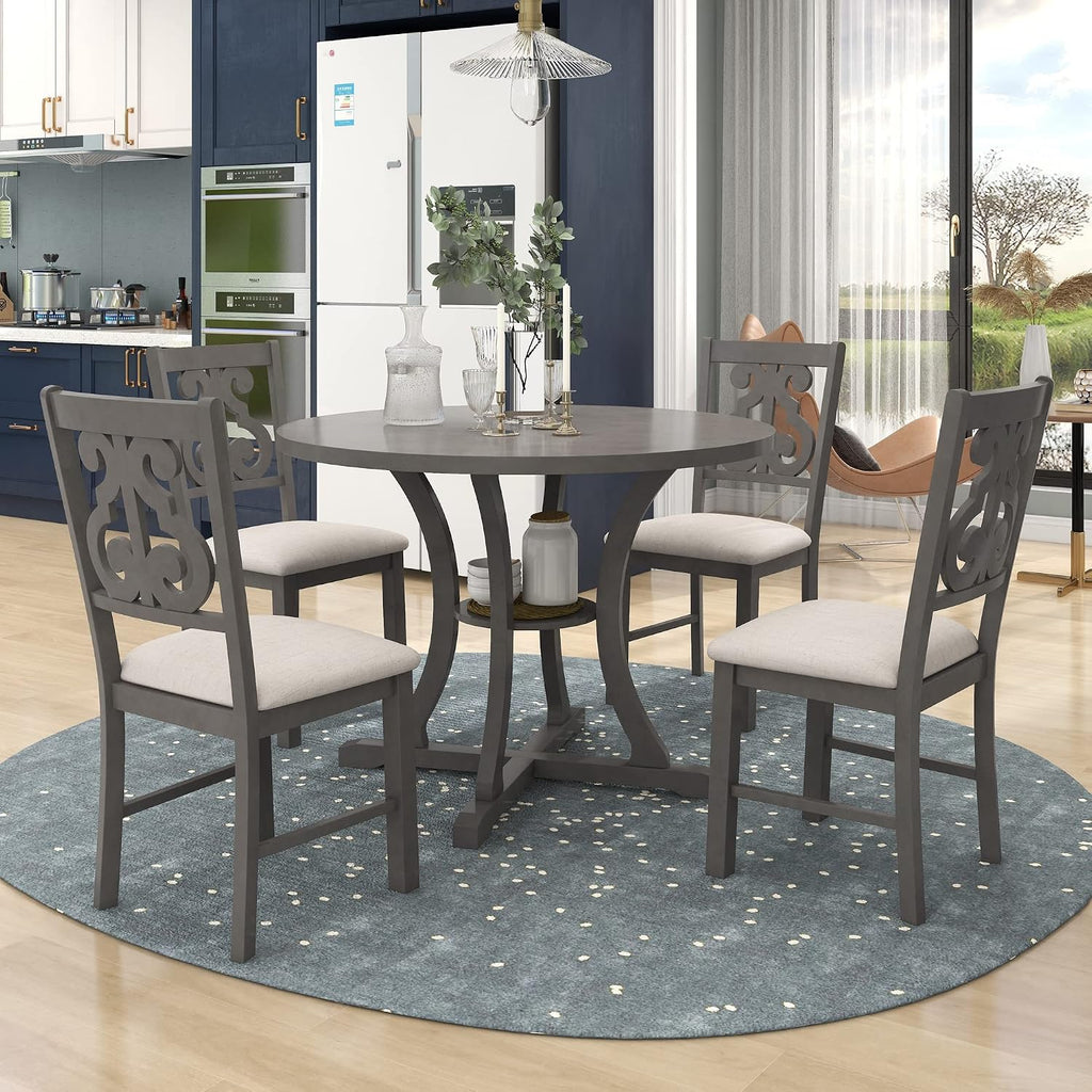 LUMISOL 5-Piece Round Dining Table Set for 4-6 Person, Farmhouse Kitchen Table Set with Special Shaped Legs and 4 Upholstered Chairs for Kitchen, Dining Room, Small Space, Grey