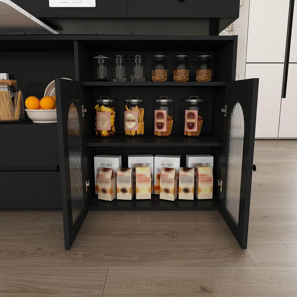 KEIKI Kitchen Island with Extendable & Rotating Table, Expandable Dining Station for 2-4, Kitchen Storage Islands with 4 Drawers & Glass Door Cabinets & Built-in Socket for Dining Room, Black