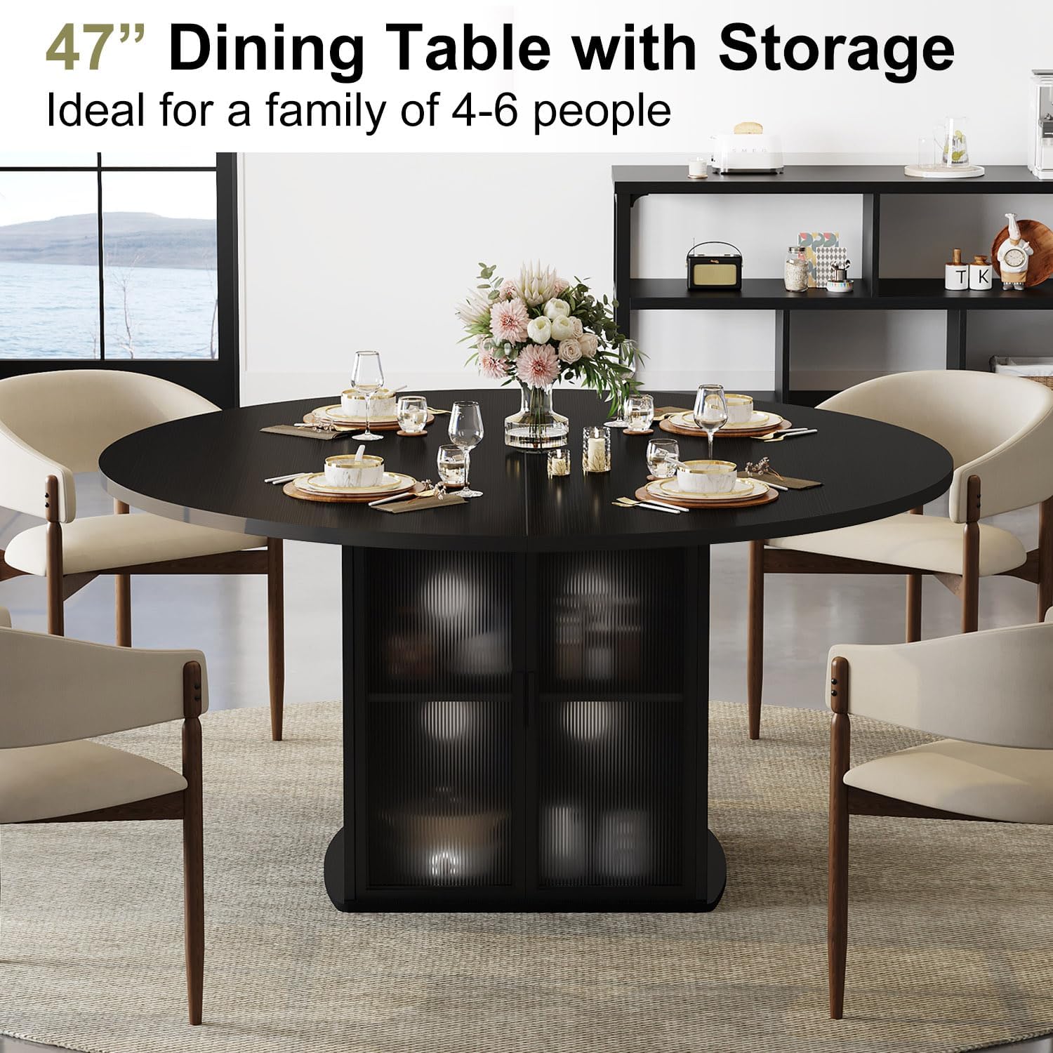 IBF Black Round Dining Table for 4-6, 47' Kitchen Table with Fridge Space, Modern Dining Room Tables with Storage, Industrial Wood Dinner Tables for Home Kitchen Living Room, Black Oak, Only Table