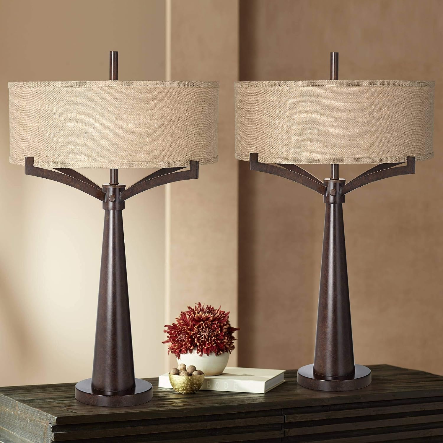 Franklin Iron Works Tremont Mid Century Modern Industrial Table Lamps 31.5' Tall Set of 2 Rich Bronze Iron Burlap Fabric Drum Shade for Living Room Bedroom House Bedside Nightstand Home Office