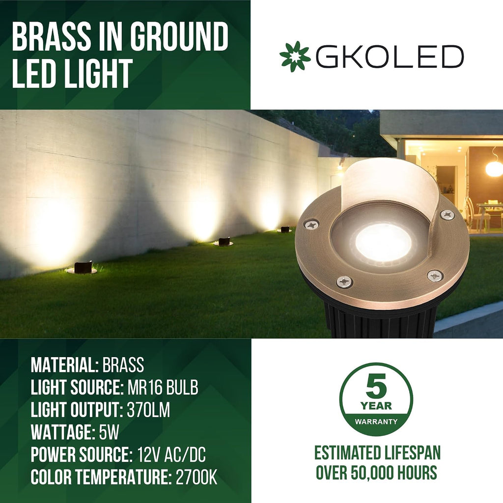 GKOLED 4 Pack, LED Brass Well Lights, 12V IP67 Waterproof Outdoor In Ground Light with MR16 Bulb and Swival Base, Low Voltage Landscape Lighting, 5W 2700K, Up Light for Garden Tree Bushe, Shielded Top