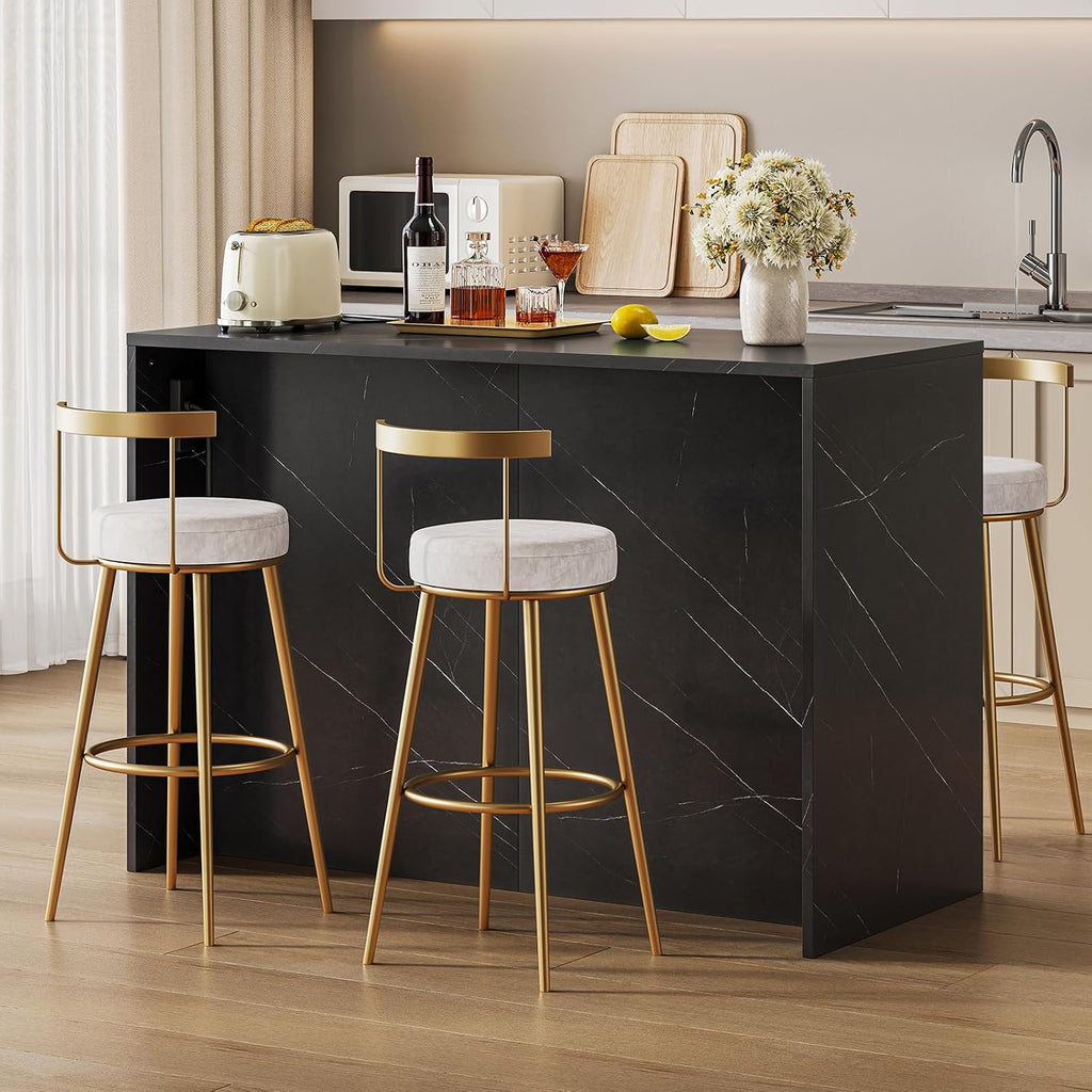 ONBRILL 47.3' Kitchen Island with 2 Storage Cabinets & 4 Drawers, Modern Imitation Marble Dining Table with Power Outlet, Island Bar Table for Kitchen, Dining Room, Living Room, Black