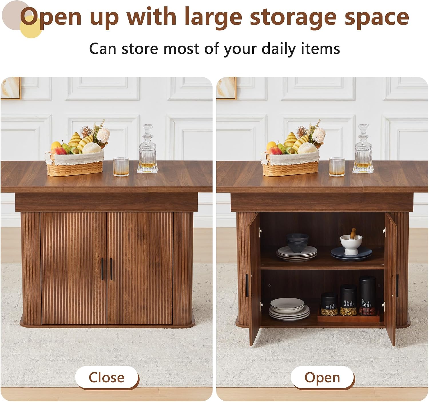 weselon 55'-71' Extendable Dining Table with Storage, Expandable Kitchen Table for 4-6, Space Saving Dining Room Table with Hidden Storage Cabinet, Adjustable Shelves & Fluted Base (Walnut)