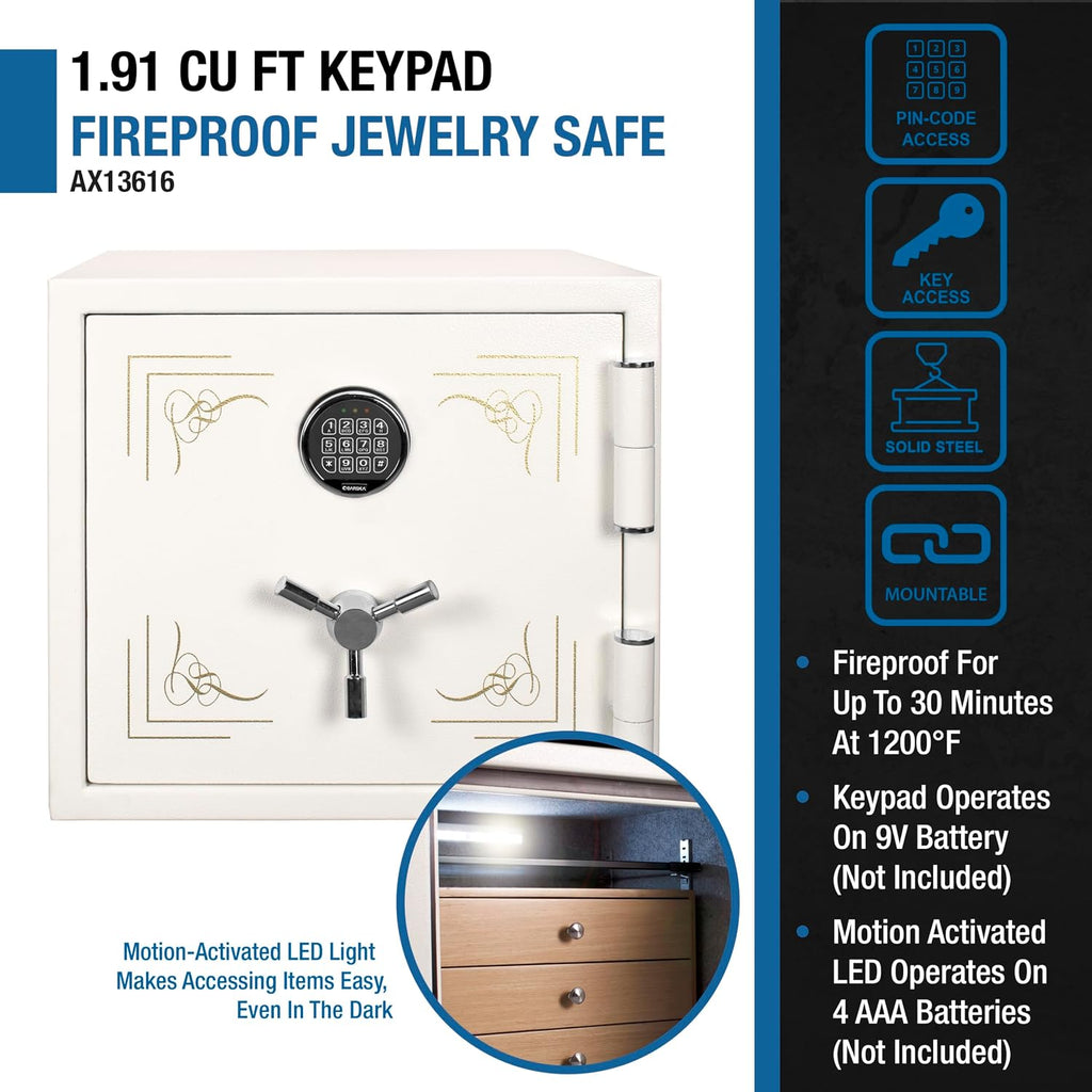 BARSKA 1.91 Cu Ft Fireproof Jewelry Safe with Digital Keypad, Motion Sensor LED, Wooden Drawers & Glass Shelf – 30 Min Fire Protection, Steel Deadbolts, White Home Security Safe