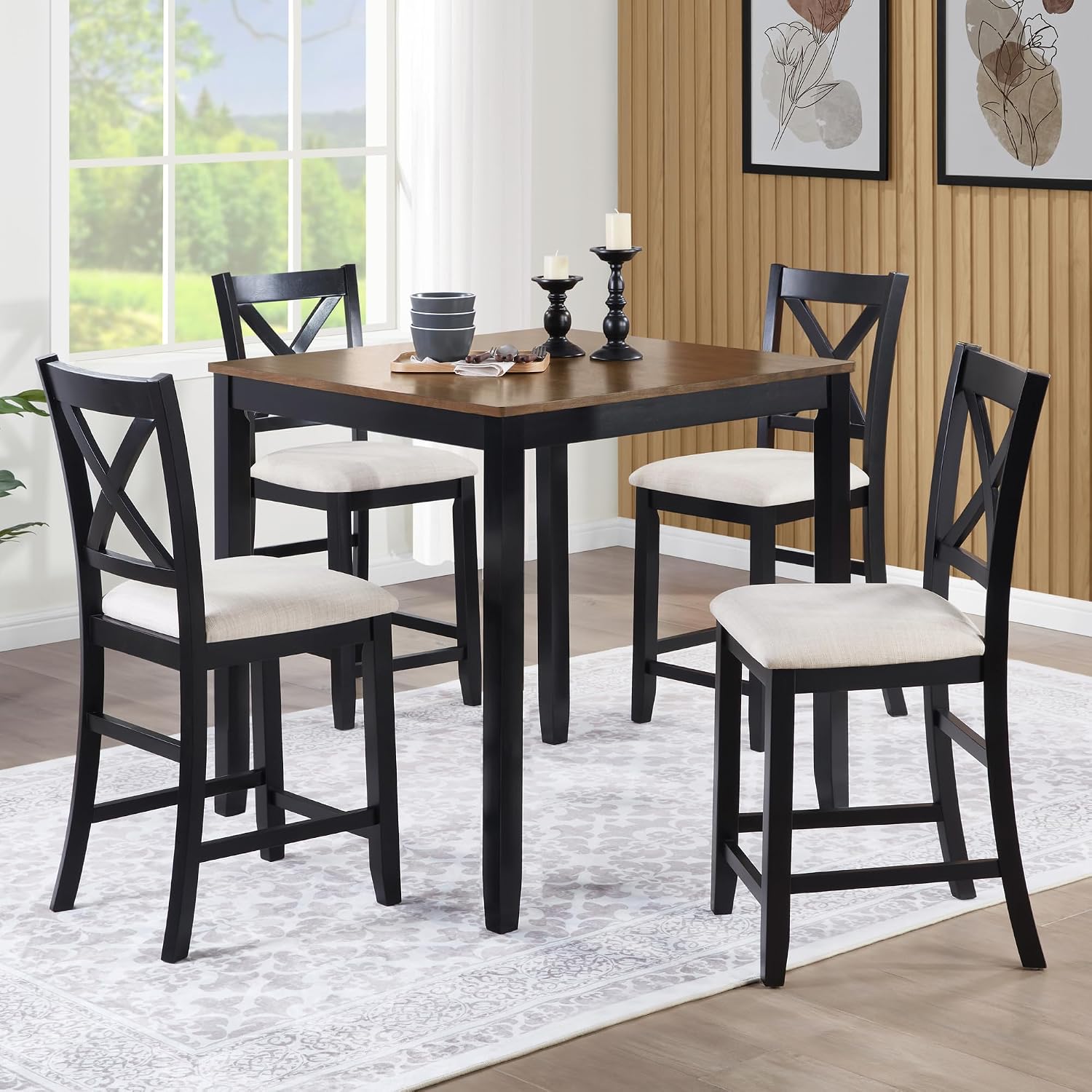 Harper & Bright Designs Counter Height Dining Table Set 5-Piece for 4, Farmhouse Kitchen Table 34.5' Square with 4 X-Back Chairs, Black & Oak for Small Space