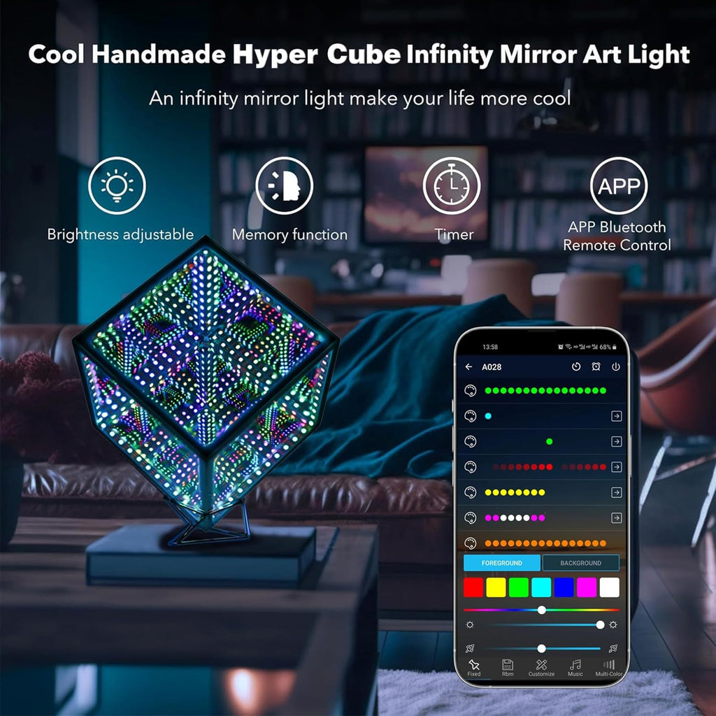 Infinity Mirror Hyper Cube Table Lamp, Desk Art Night Light, Color-Changing Music-Sync APP-Controlled Ambient Light for Gaming, Party, Home, Gift (10 Inches)