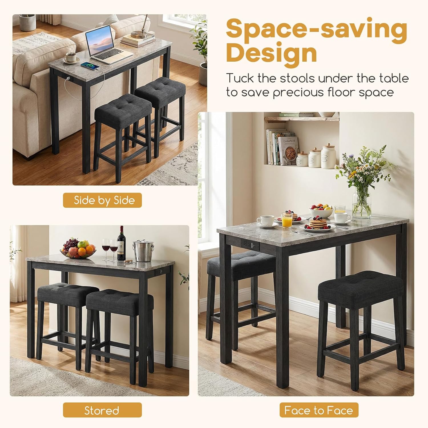 COSTWAY 3-Piece Bar Table Set with Charging Station, Modern Counter Height Breakfast Table w/Faux Marble Top & 2 Padded Stools, Wooden Console Table Set for Living Room, Kitchen, Dining Room (Gray)