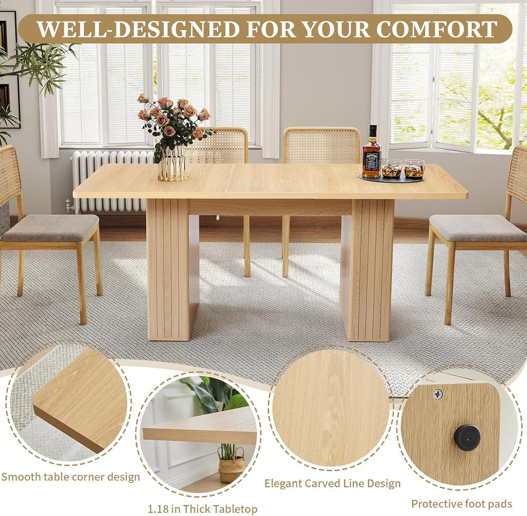 55 in–71 in Extendable Rectangular Dining Table for 4–6, Modern Farmhouse Expandable Kitchen Table with Carved Line Base, Wooden Dinner Table for Kitchen Living Room Home Office (Natural)
